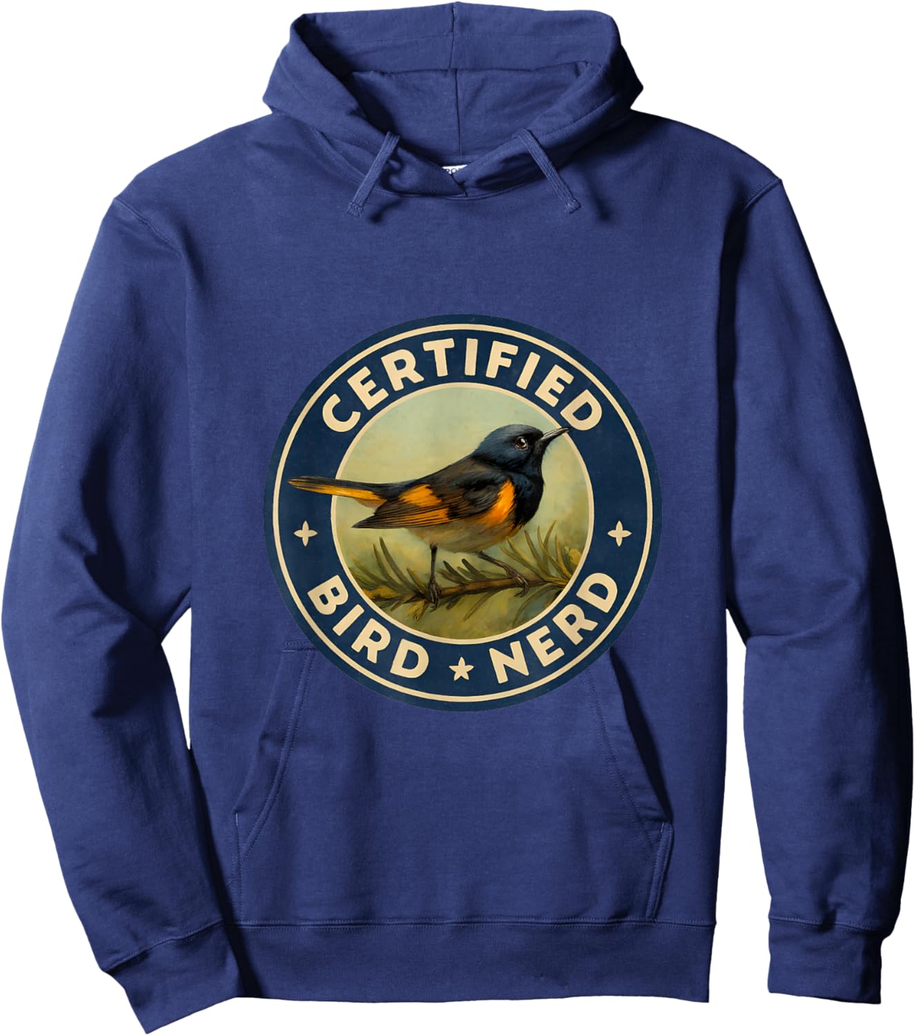 Certified Bird Nerd – American Redstart Vintage Badge Hoodie - Hoodie | Navy