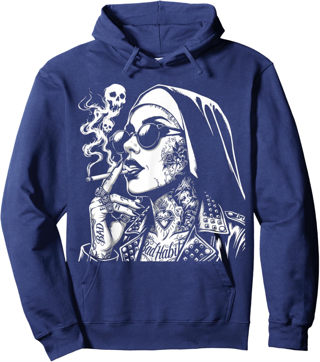 Bad Habit Nun Smoking Cigarette Tattoo Skull Smoke Street Hoodie - Hoodie | Navy