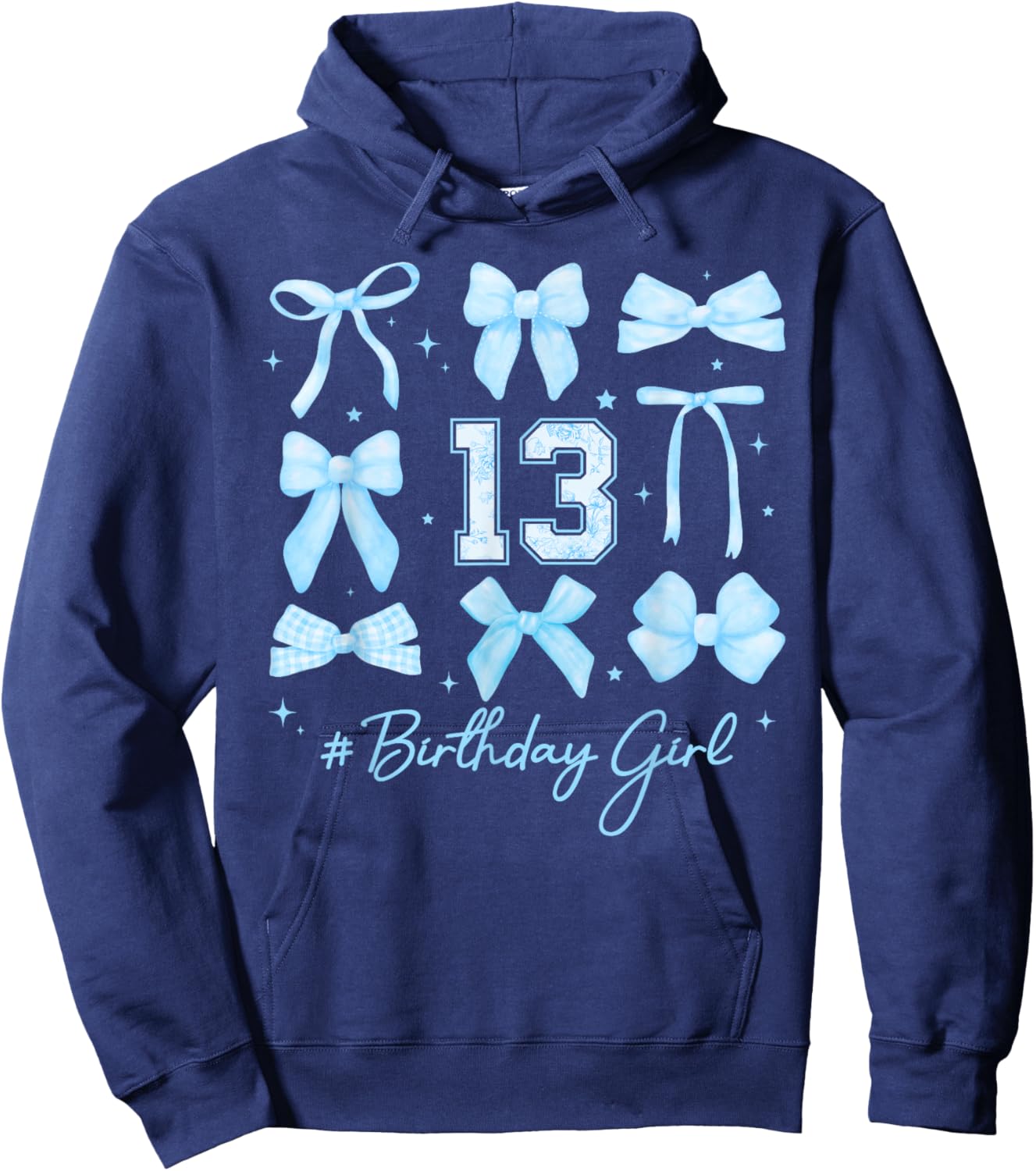 Birthday Girl 13th Blue Floral Coquette Bow Teenager Hoodie - Hoodie | Navy