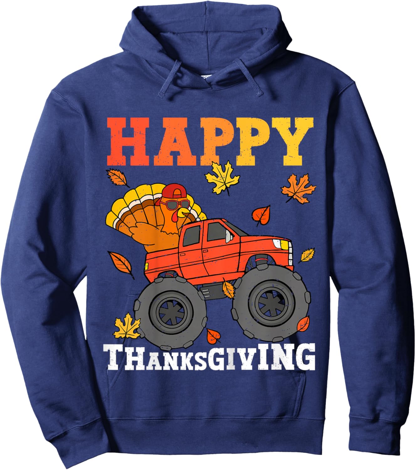 Kids Monster Truck Turkey Happy Thanksgiving Kids Toddler Boys Hoodie - Hoodie | Navy
