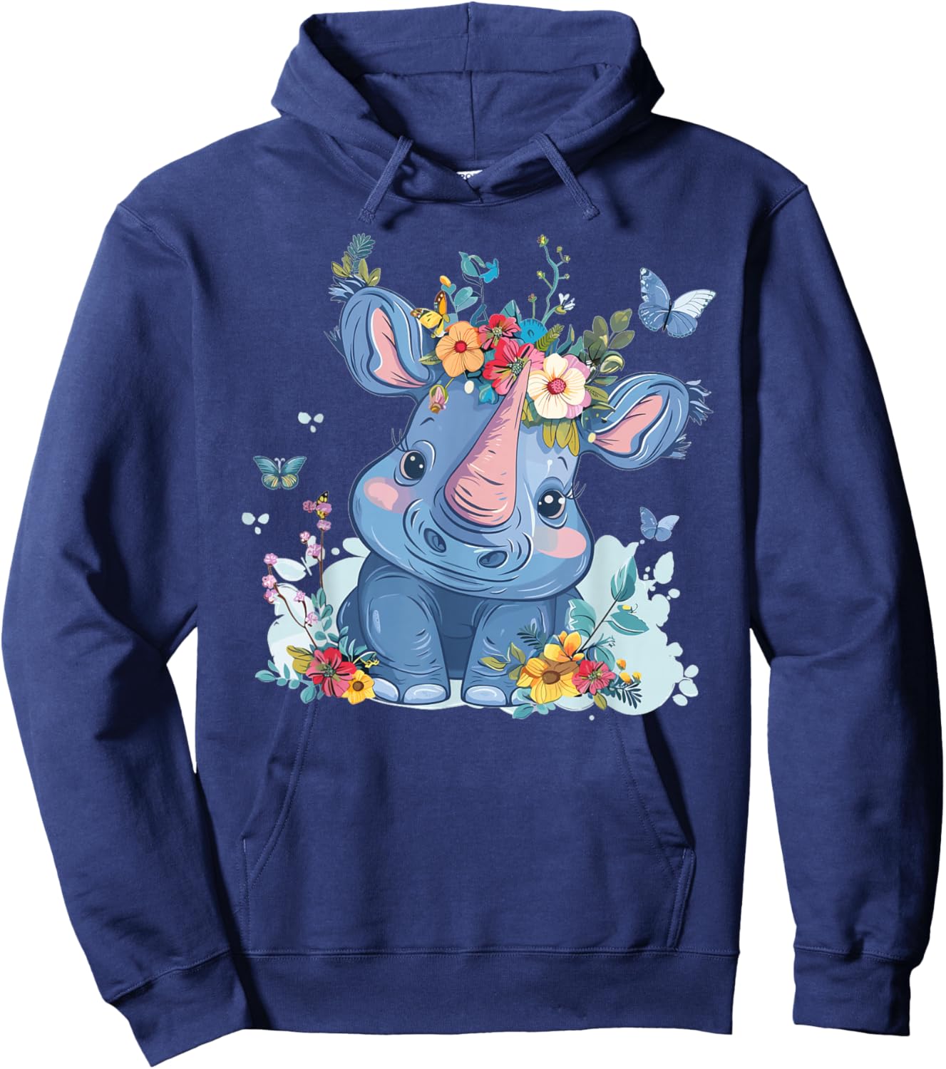 Cute Rhino With Flowers I Kids Rhino Hoodie - Hoodie | Navy