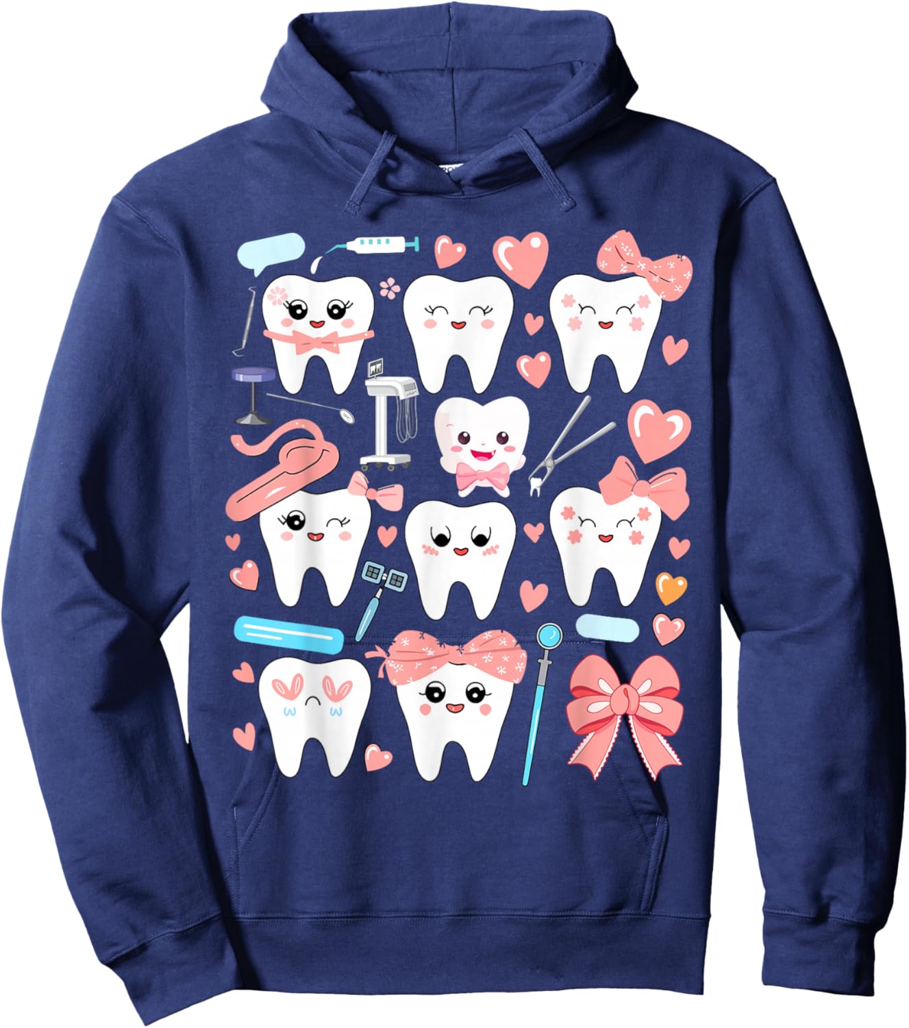 Pink Coquette Bow Cute Teeth Dentist Squad Dental Assistant Hoodie - Hoodie | Navy
