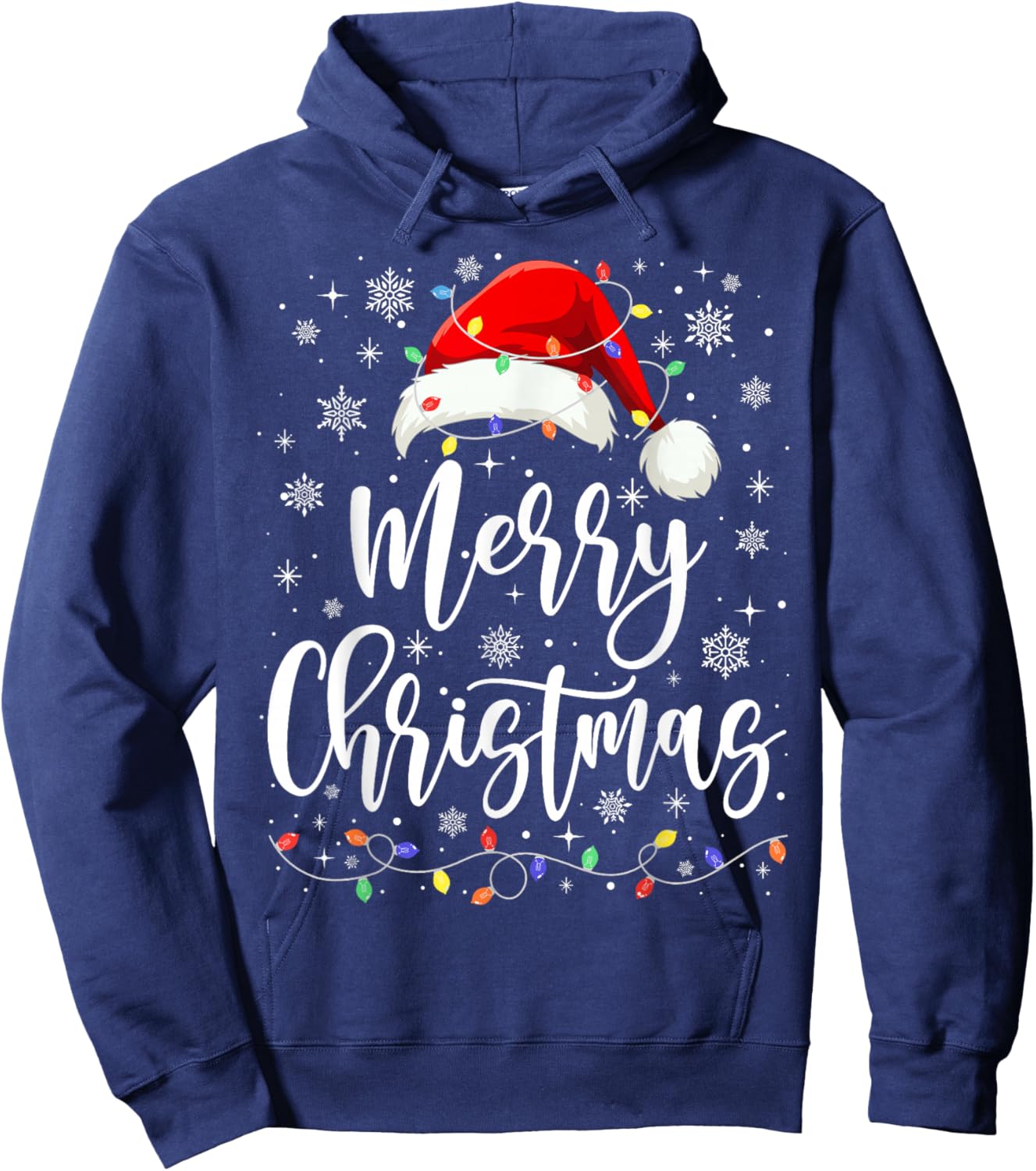 Merry Christmas Lights Red Santa Hat Xmas Family Men Women Hoodie - Hoodie | Navy