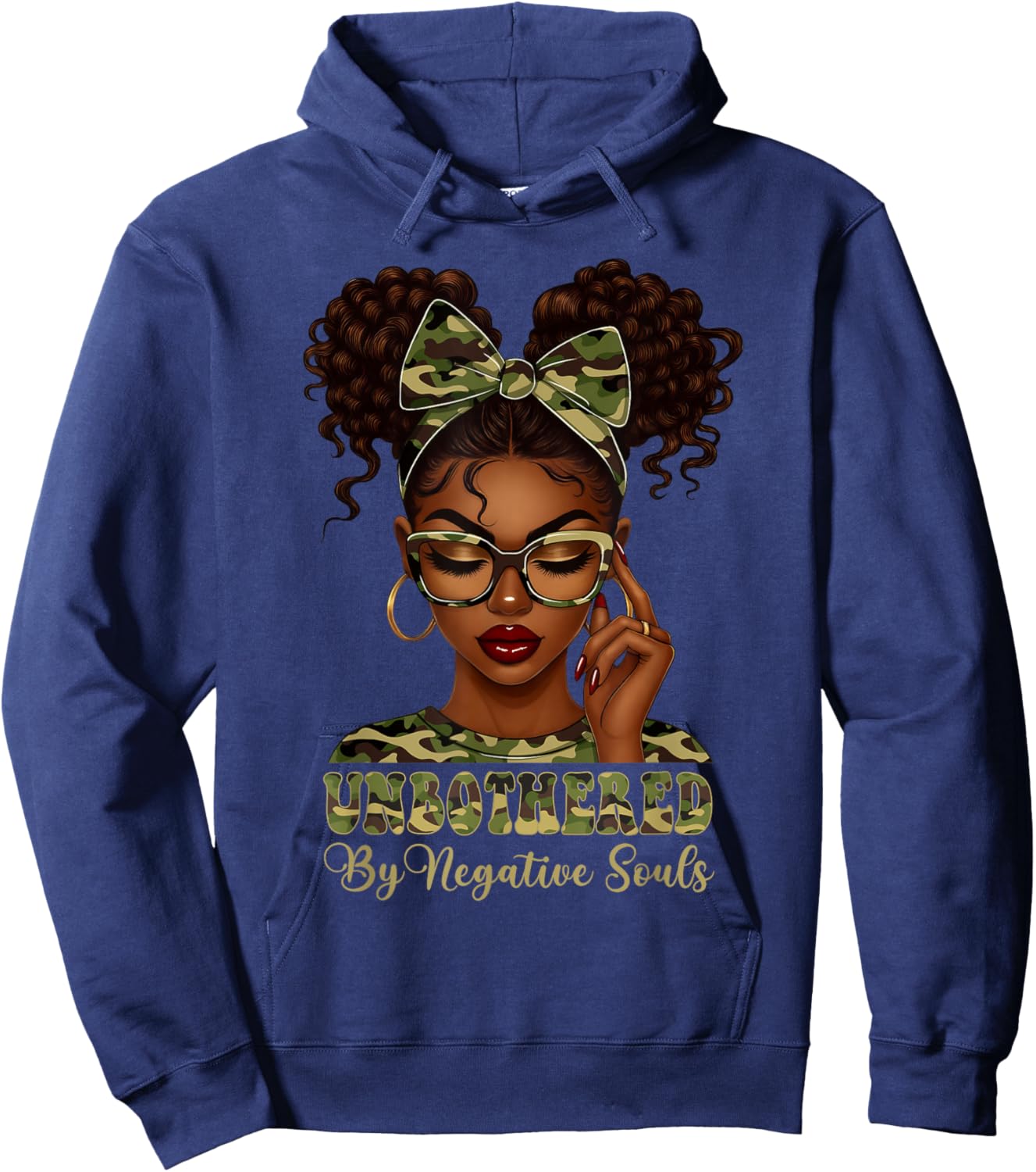 Unbothered By Negative Souls Black Girl Woman Camouflage Bow Hoodie - Hoodie | Navy