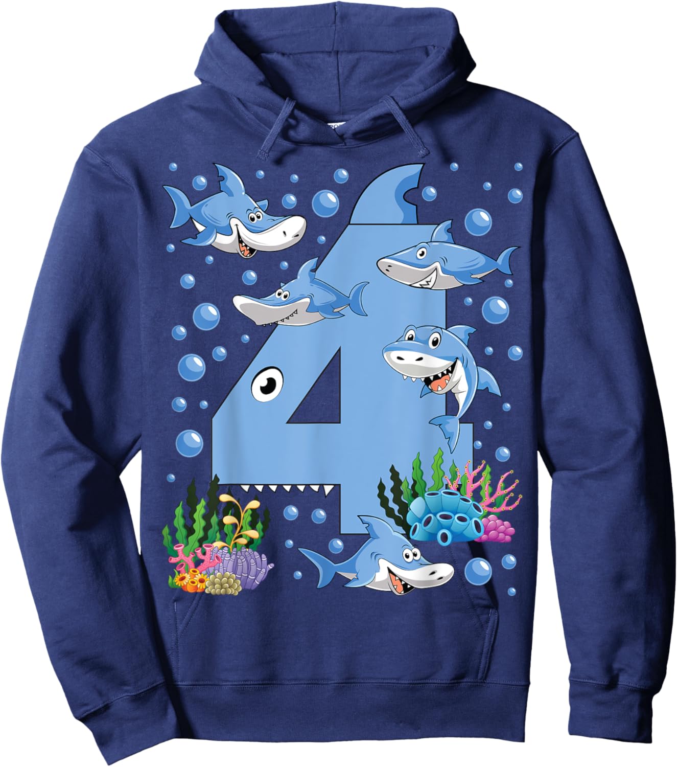 Kids 4 Years Old Shark Ocean Theme 4th Birthday Boy Party Hoodie - Hoodie | Navy