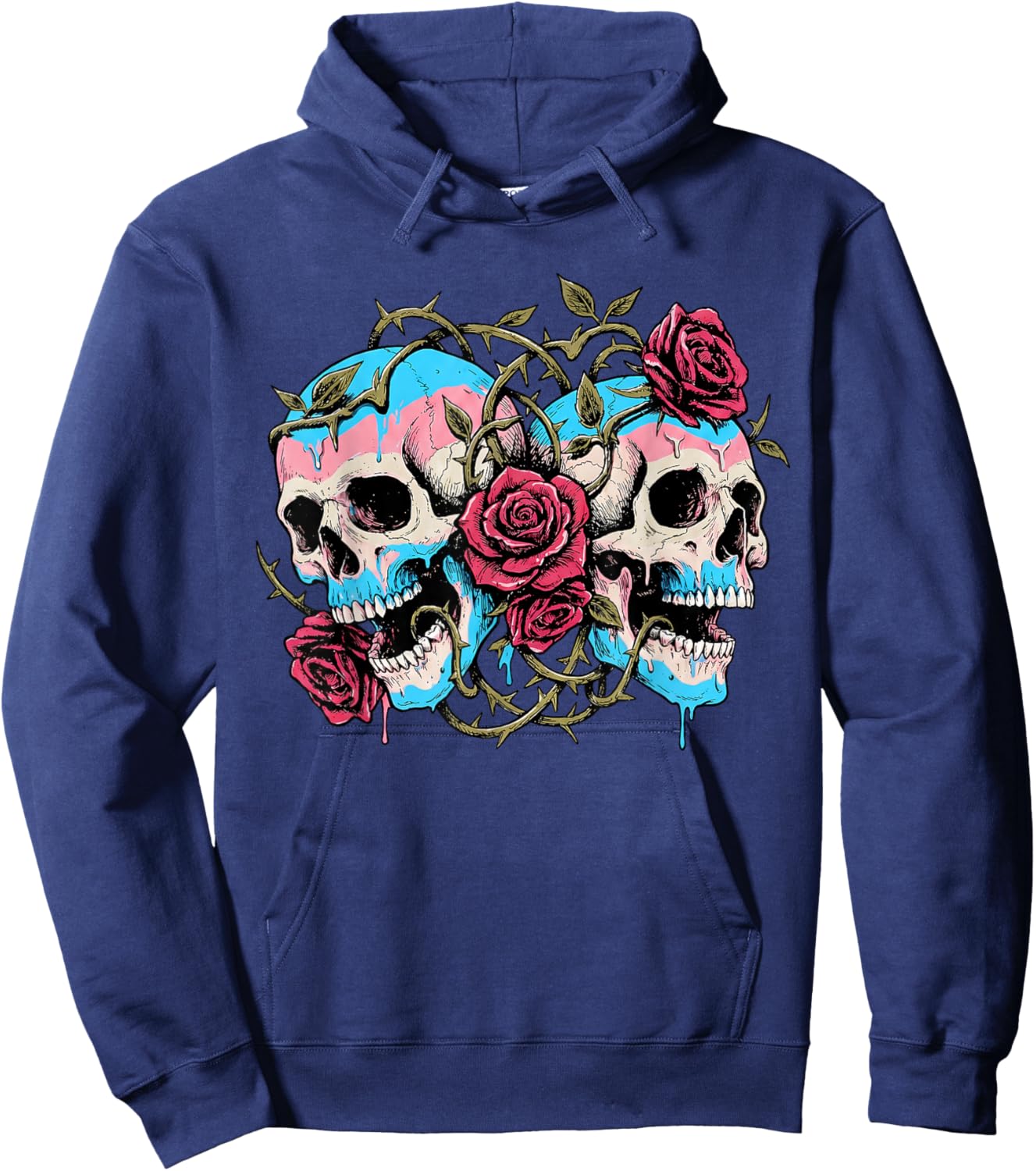 Subtle LGBTQ Transgender Pride Trans Flag Roses Skull Ally Hoodie - Hoodie | Navy