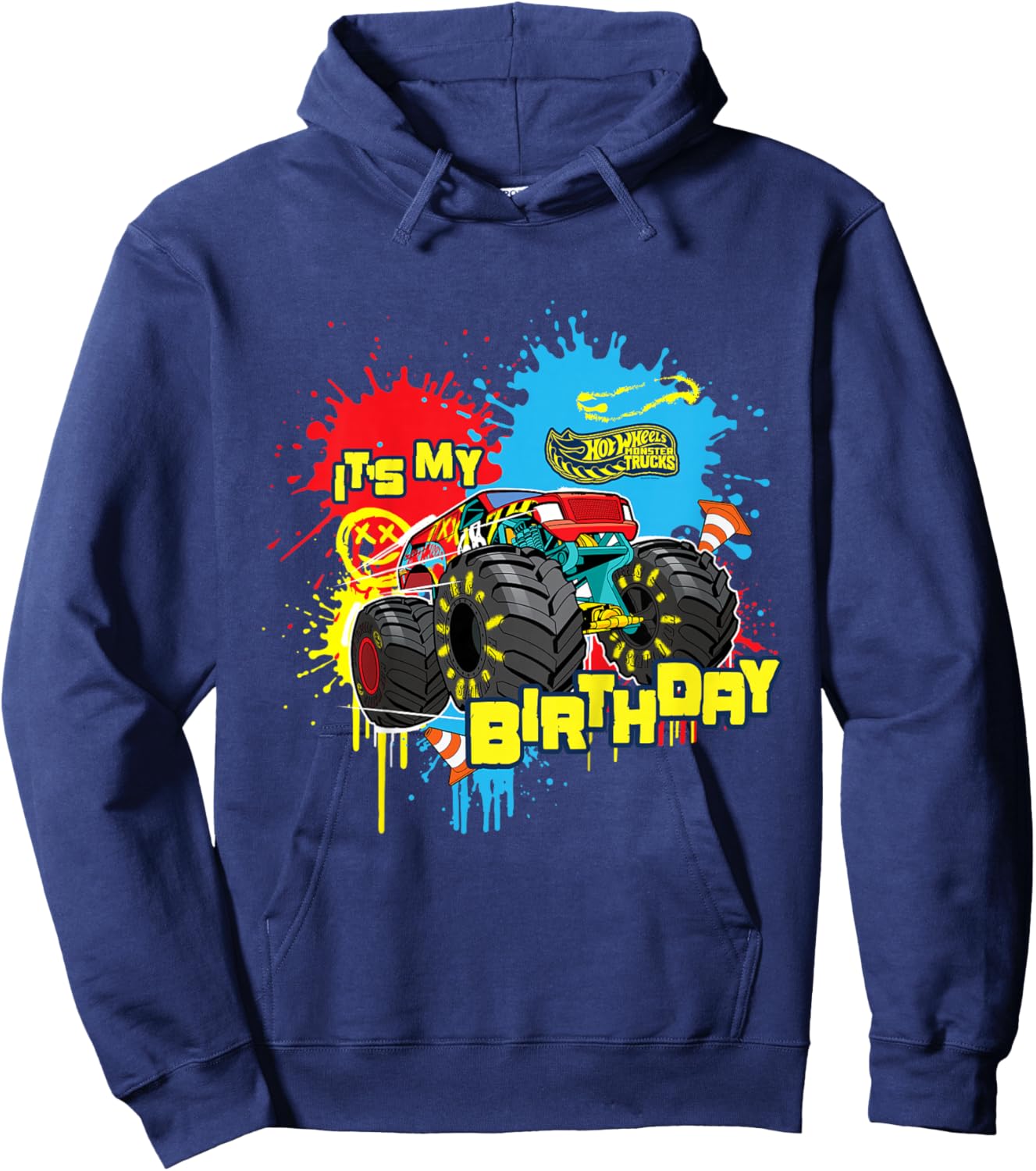 Kids Hot Wheels Monster Trucks - It's My Birthday Paint Splatter Hoodie - Hoodie | Navy