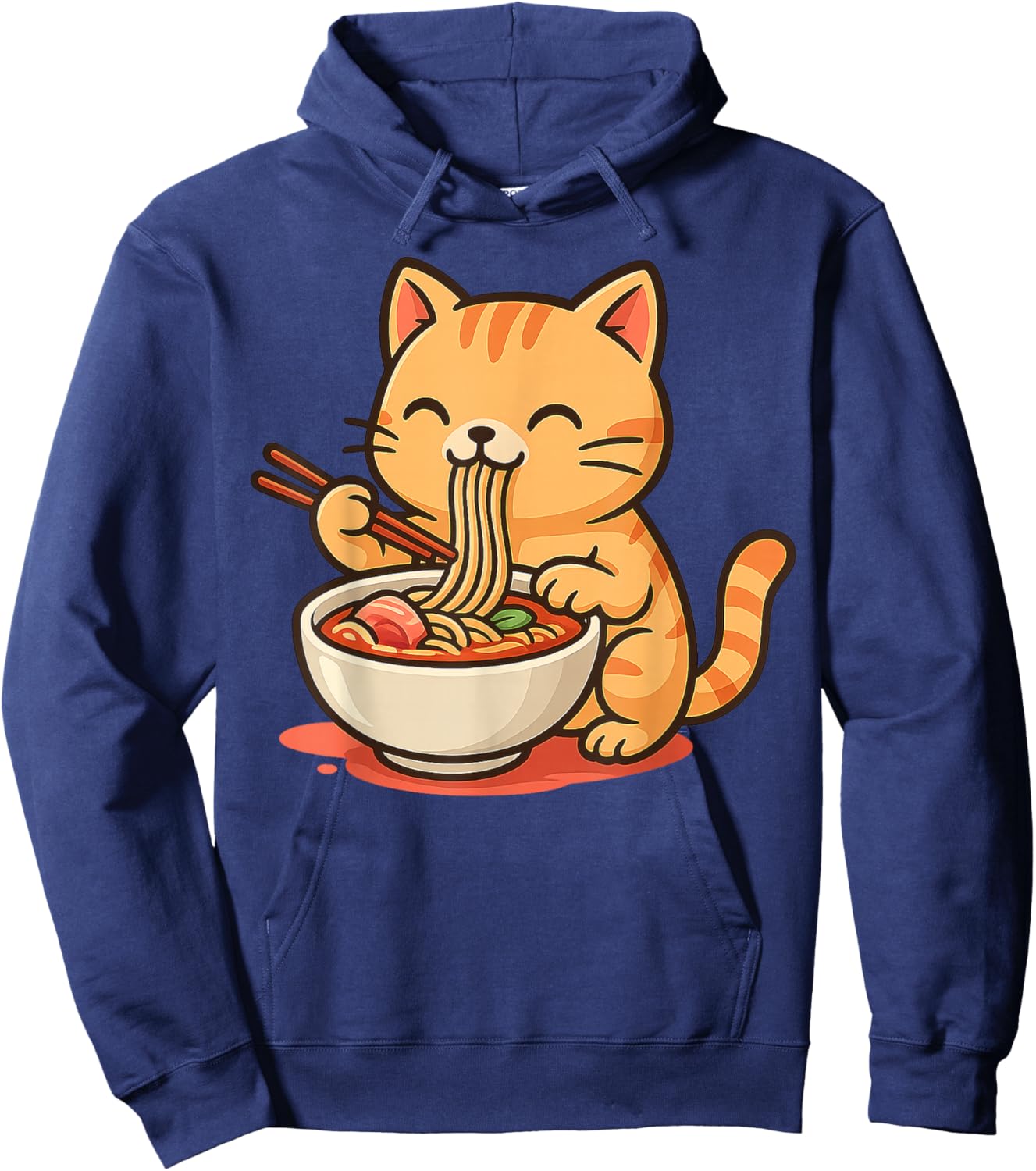 Anime Kawaii Cat Eating Ramen Noodles Men Women Teen Kids Hoodie - Hoodie | Navy