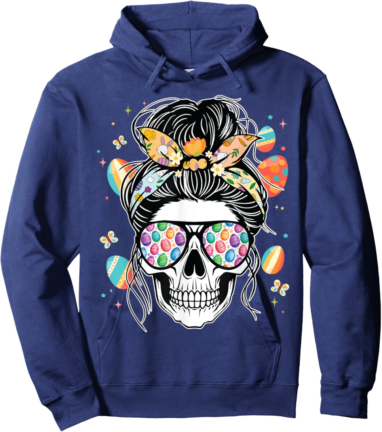 Skull Woman Messy Bun Hair Sunglasses Easter Eggs Easter Day Hoodie - Hoodie | Navy