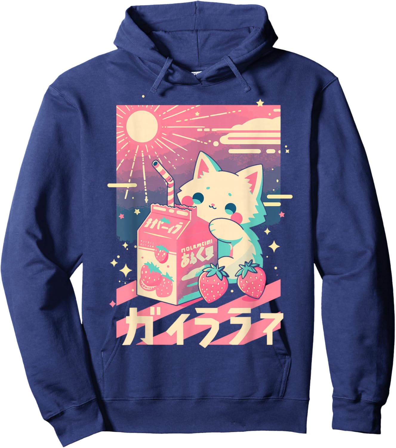 Cat Strawberry Milk Anime 90s Japanese Cat Japan Hoodie - Hoodie | Navy