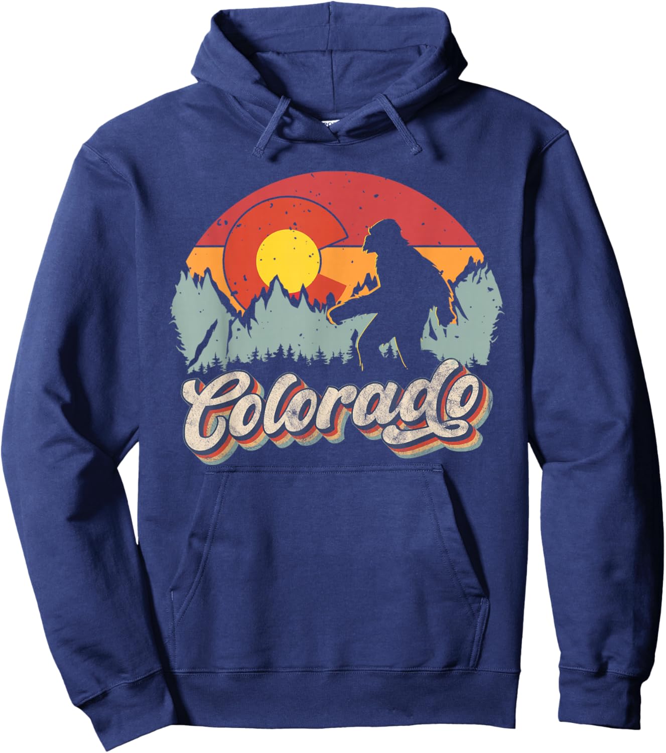 Colorado Mountain Hiking Bigfoot Camping Retro 80s Sasquatch Hoodie - Hoodie | Navy