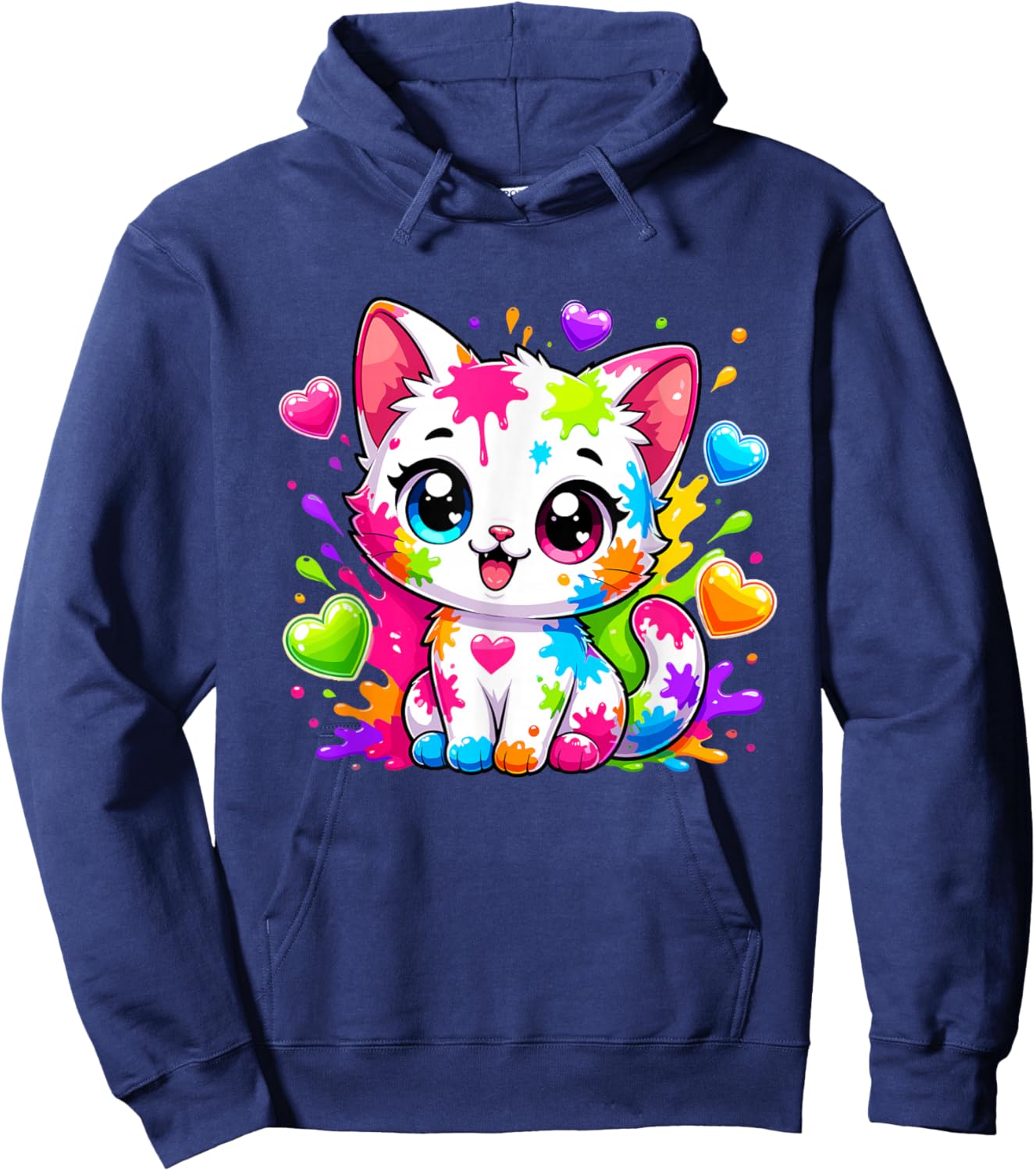Coloré Rainbow Paint Splash Kawaii Chaton Mignon Hoodie - Hoodie | Navy