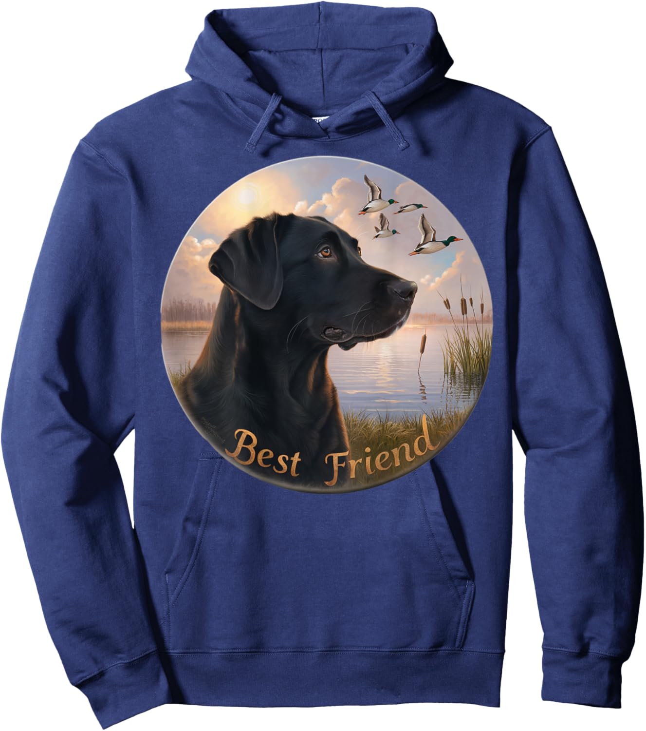 BACK PRINT. Hunting black labrador dog and geese with ducks Hoodie - Hoodie | Navy
