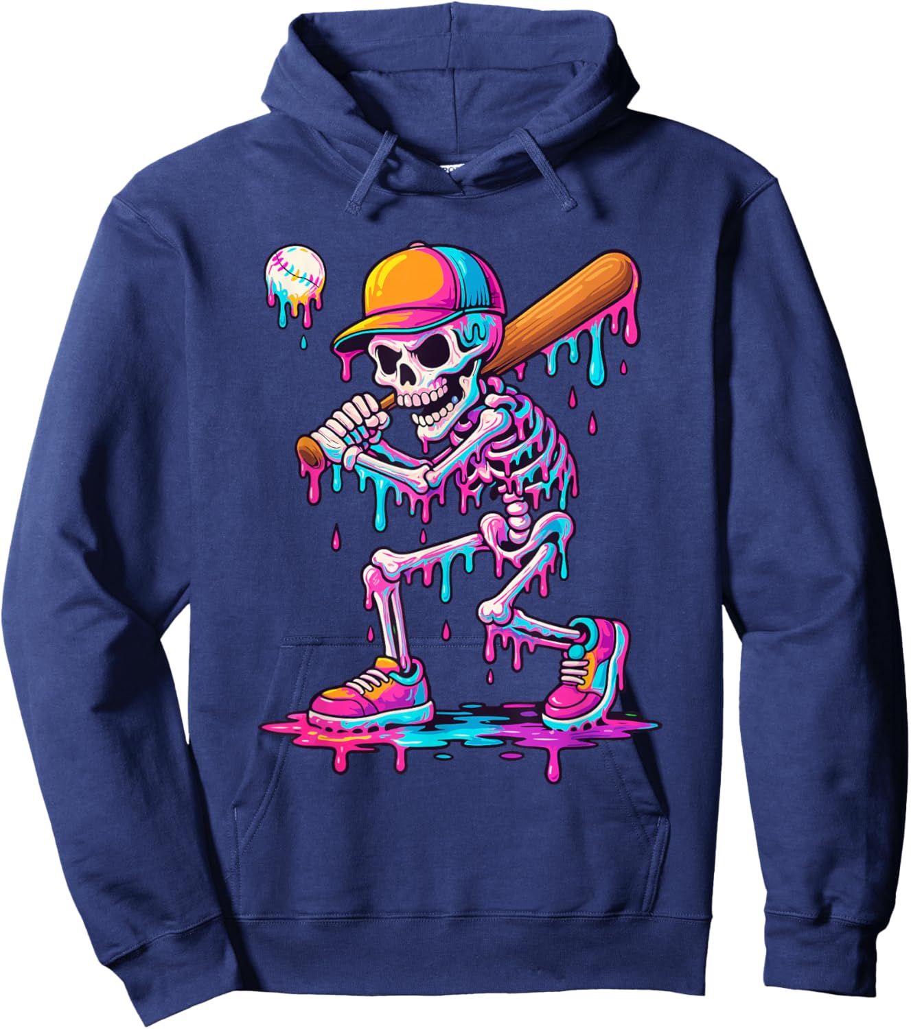 Skelton Playing Baseball Halloween Baseball Drip Boys Kids Hoodie - Hoodie | Navy