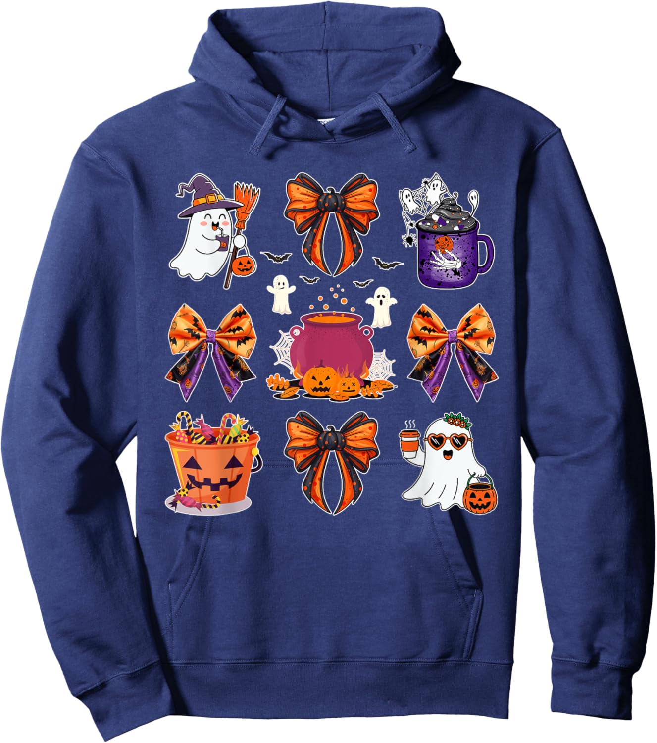 Ghost Boo Candy Buckets Pumpkin Spice Halloween Coquette Bow Hoodie - Hoodie | Navy
