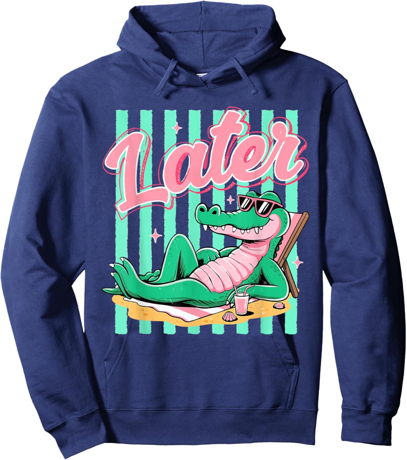 Striped Later Gator Alligator Summer Beach Vibes Cute Girly Hoodie - Hoodie | Navy