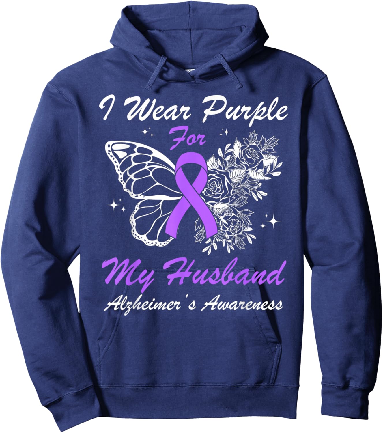 I Wear Purple For My Husband Alzheimer's Awareness Butterfly Hoodie - Hoodie | Navy