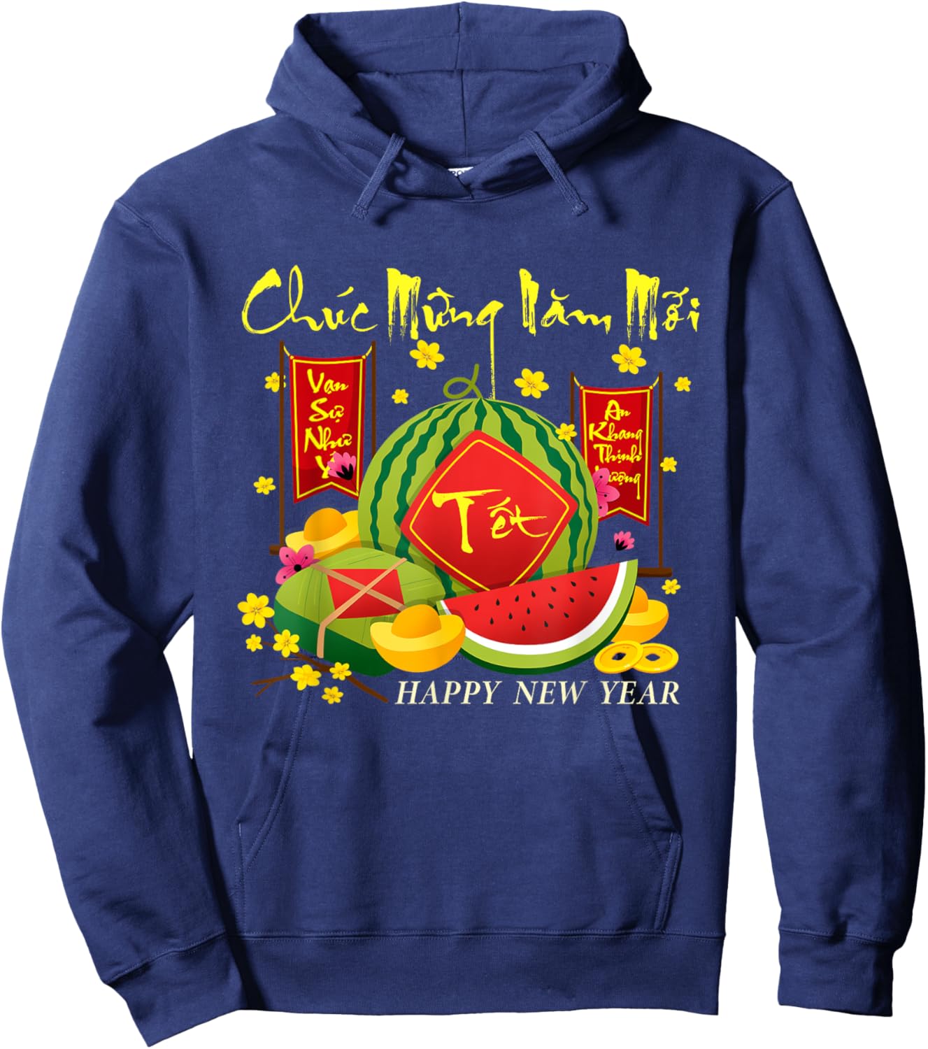 Happy Vietnamese Lunar New Year Wishes Chuc Mung Nam Moi -Adults Black Short Sleeve Classic Fit Cotton Blend Hoodie - Hoodie | Navy