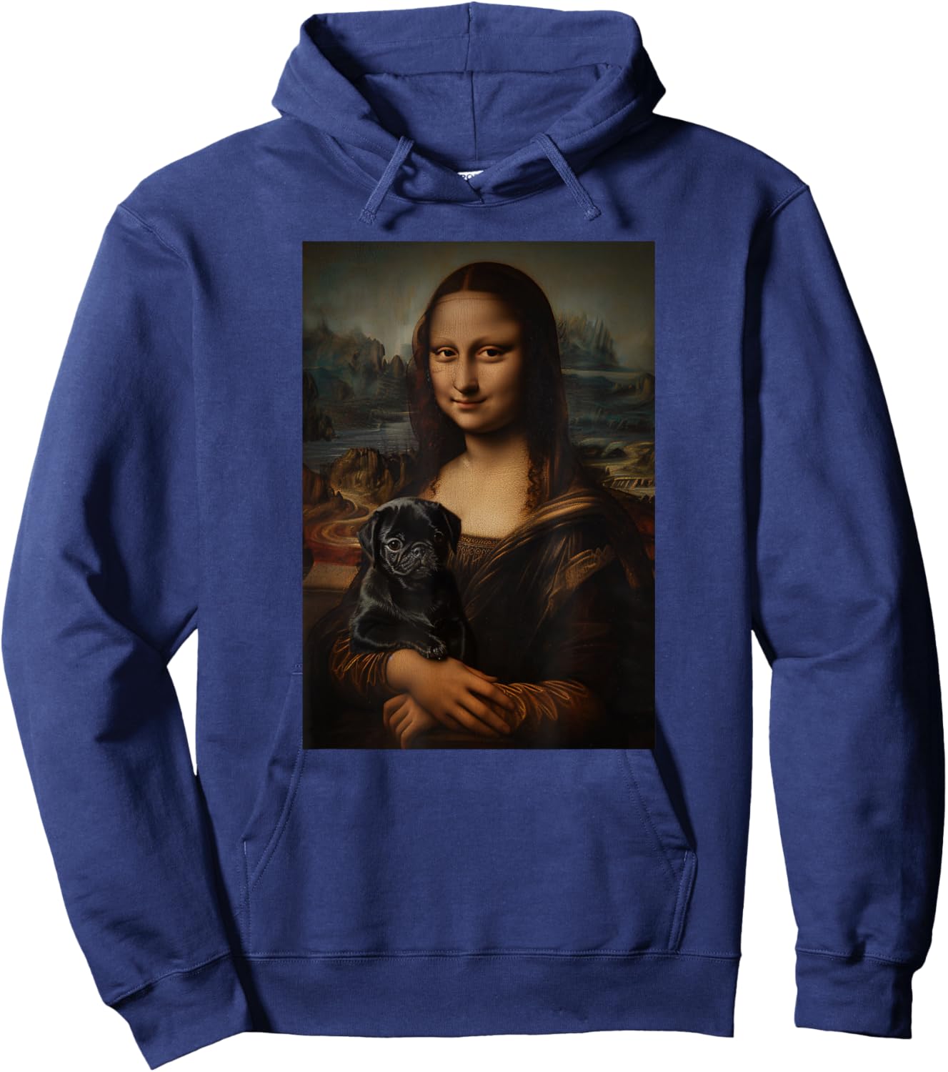 Black Pug Mona Lisa Painting Art Dog Mom Dad Men Women Kids Hoodie - Hoodie | Navy