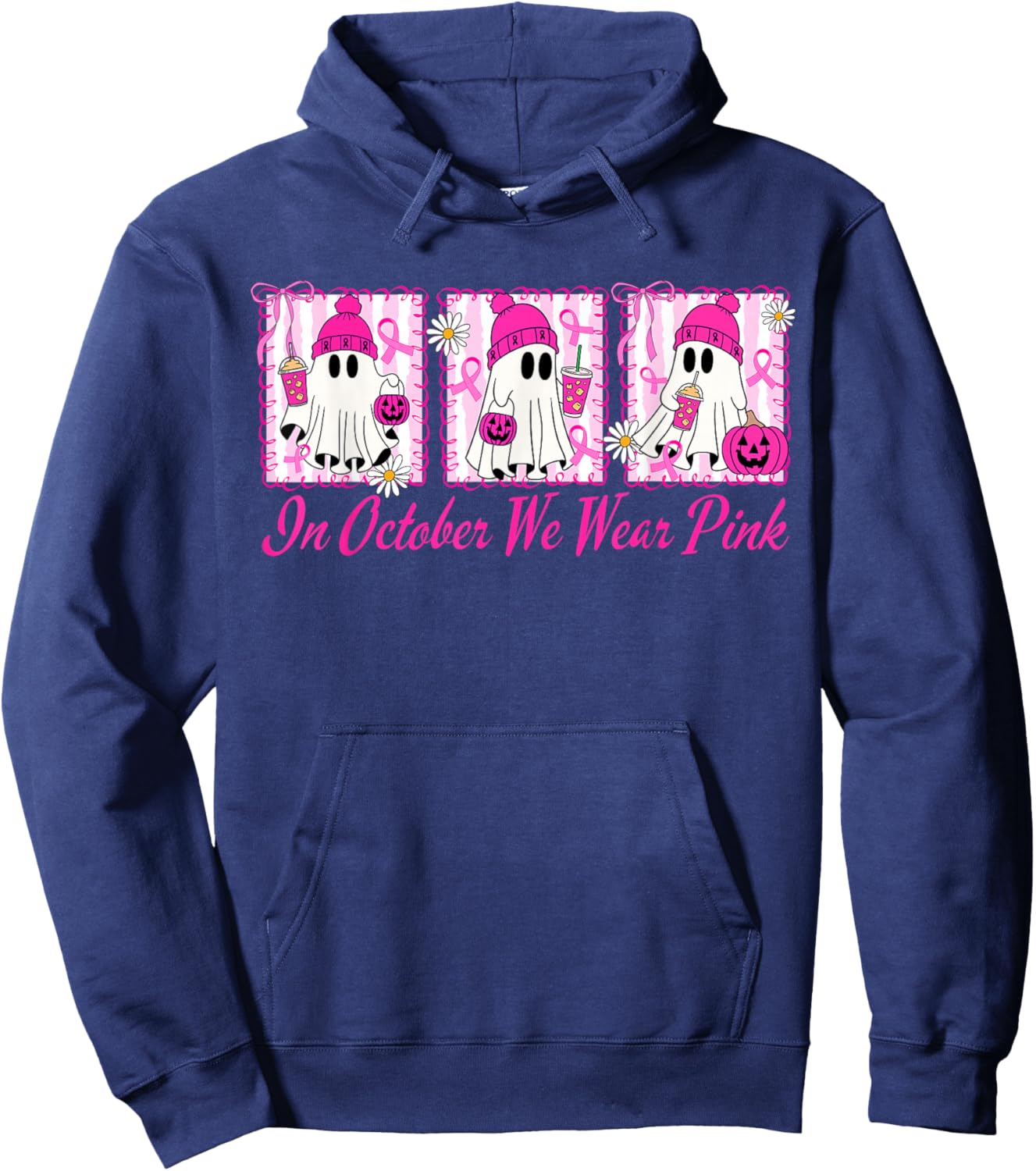 We Wear Pink in October Cute Ghost Breast Cancer Awareness Hoodie - Hoodie | Navy