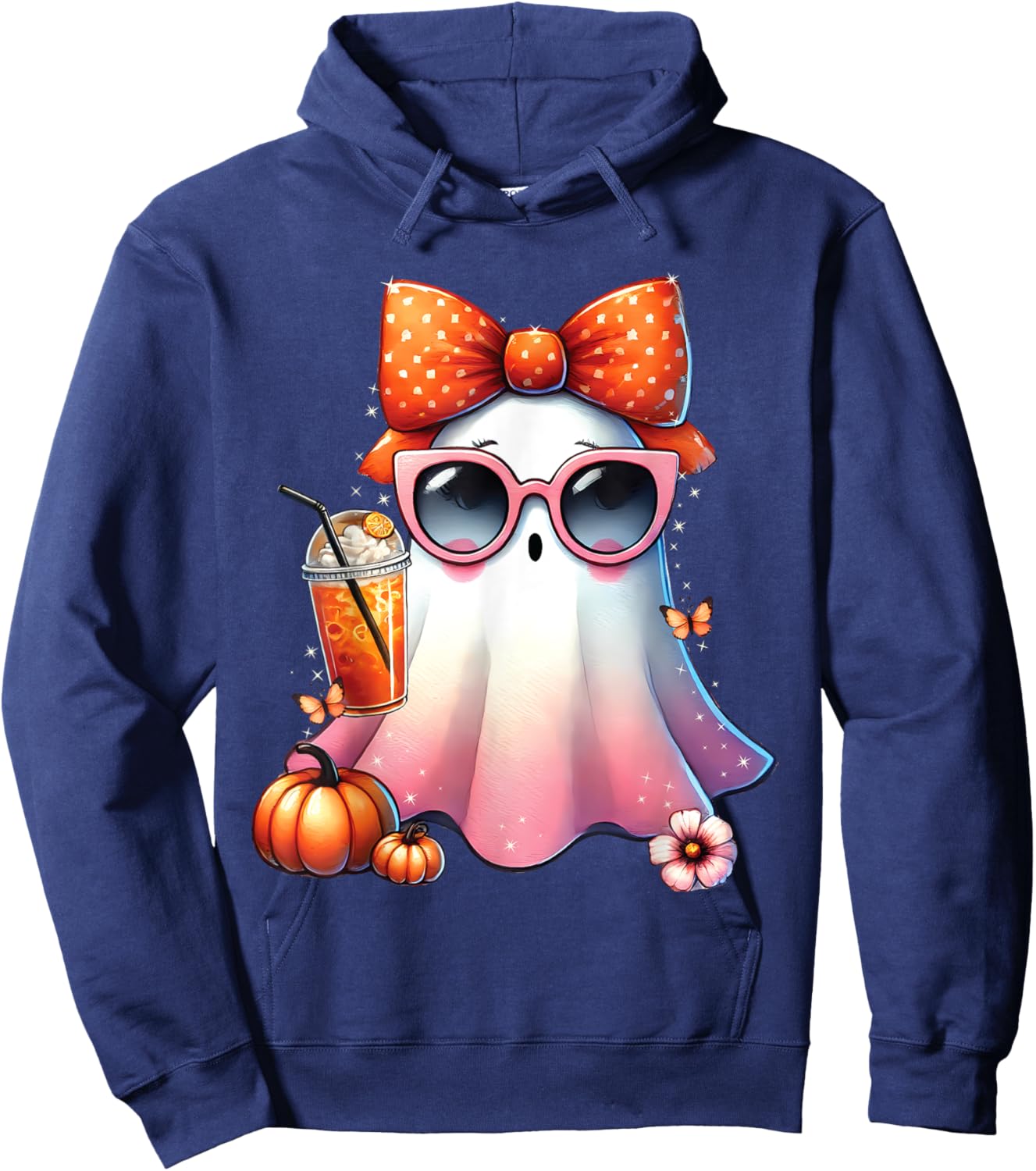 Cute Ghost Drinking Coffee With Halloween Bow Women Girls Hoodie - Hoodie | Navy