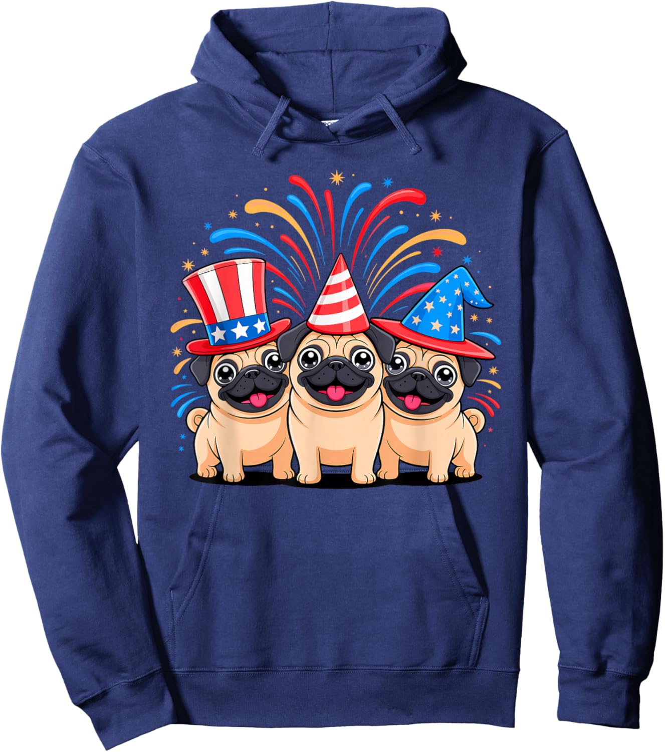 Fourth of July Three Patriotic Pug Puppies Hoodie - Hoodie | Navy