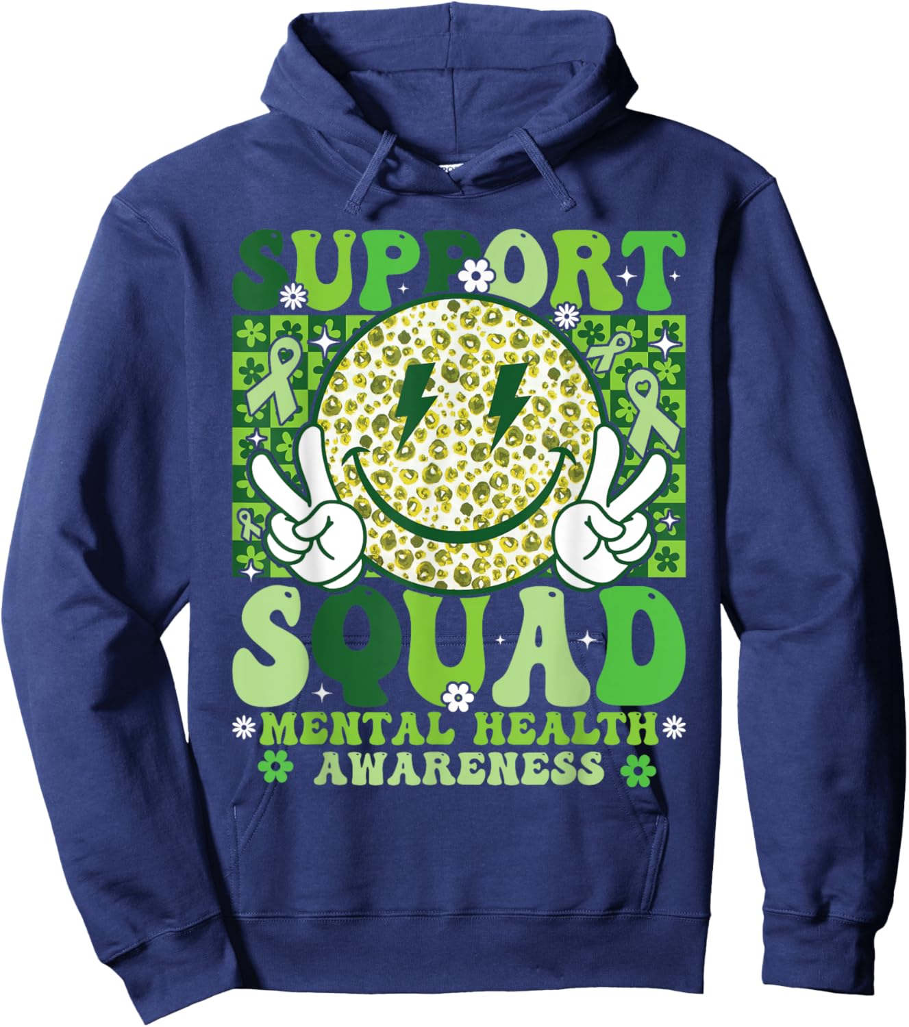 Support Squad Mental Health Awareness Month Smile Face Green Hoodie - Hoodie | Navy
