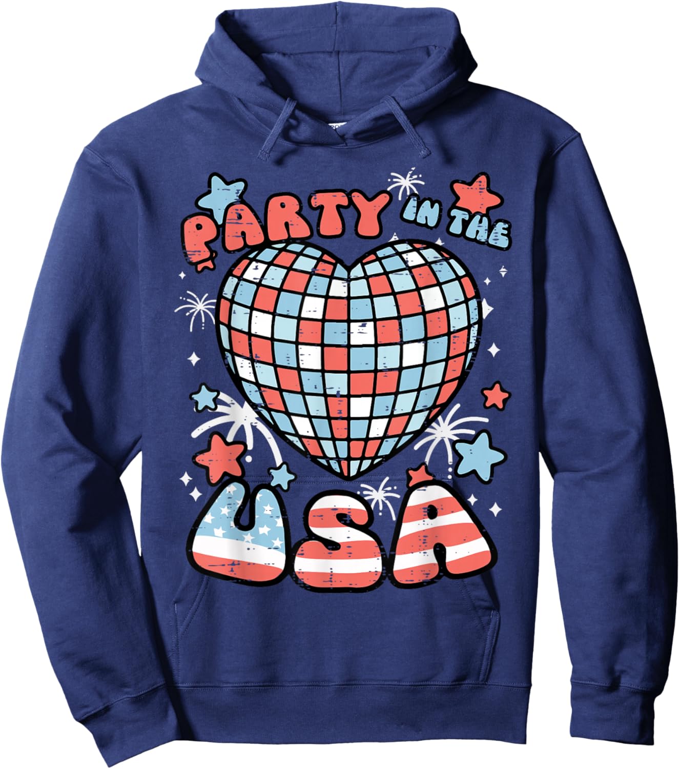 Party in The USA Disco Heart 4th of July Women Girls Kids Hoodie - Hoodie | Navy