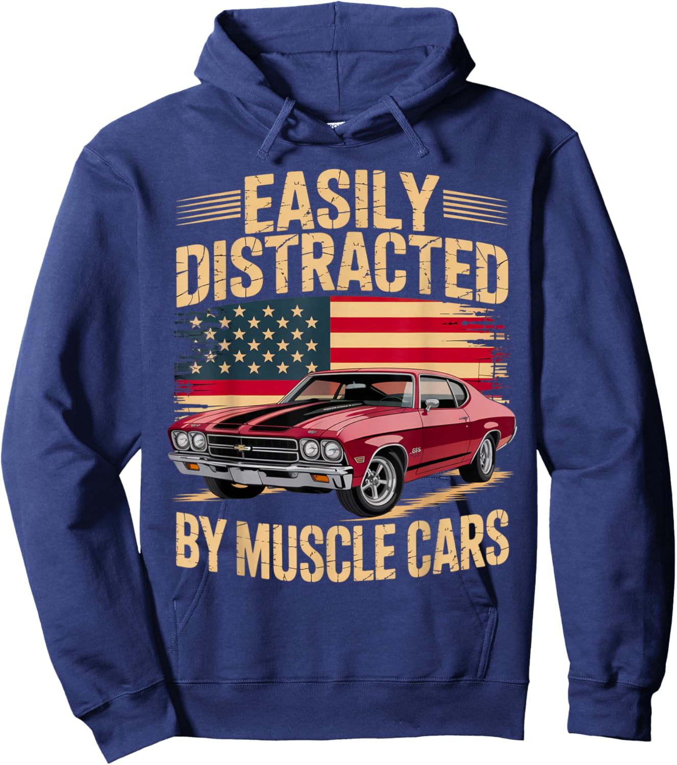 Easily Distracted by Muscle Cars Retro Red Classic car Vibe Hoodie - Hoodie | Navy