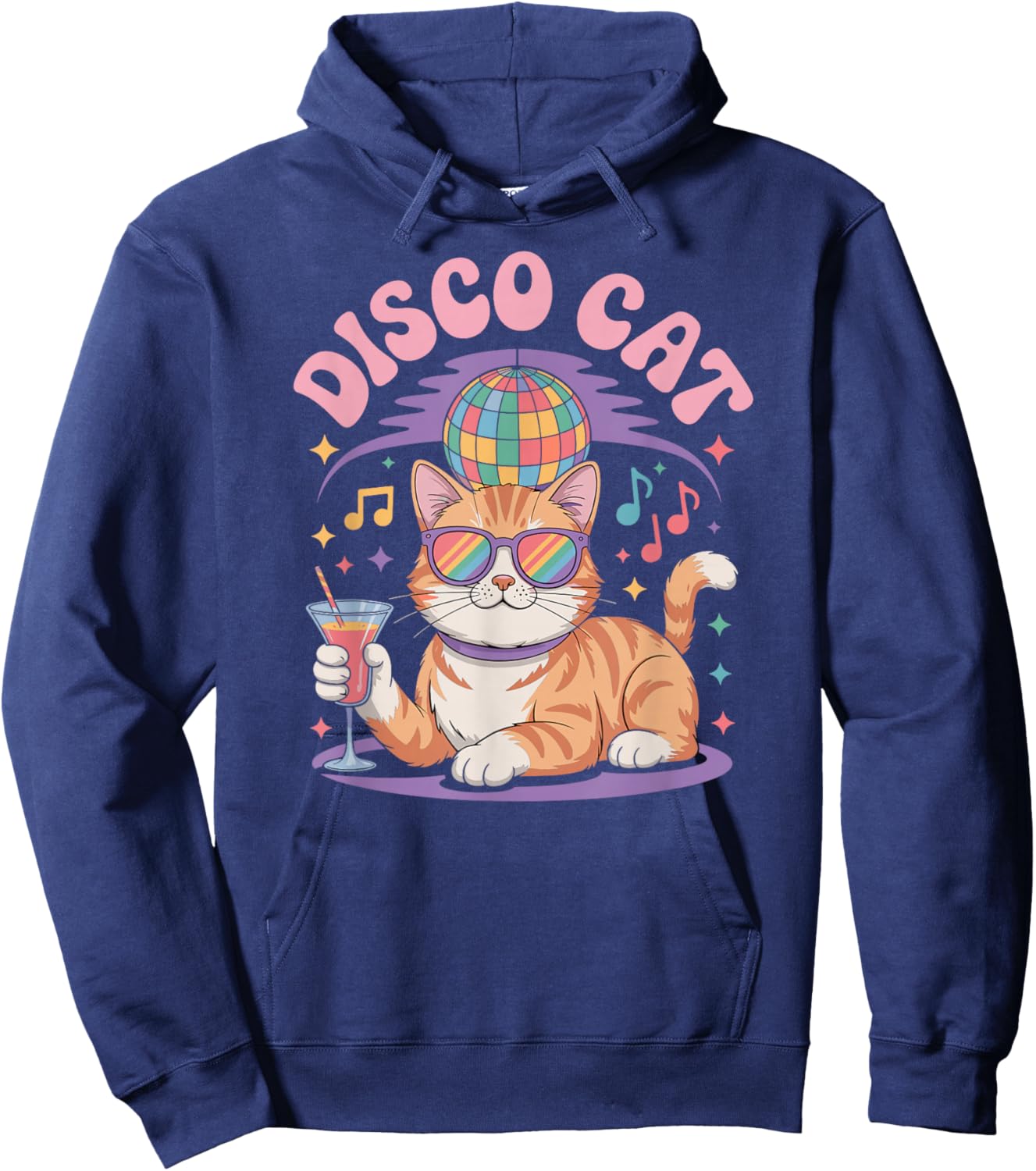 Groovy Cat with Sunglasses, Disco Ball and Fun Cocktail Hoodie - Hoodie | Navy