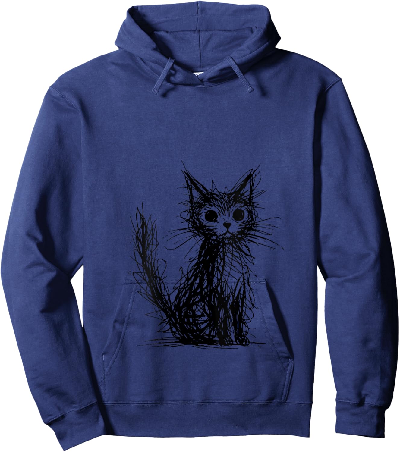 Women's Minimal Line Art Minimalist Abstract Sketch Scribble Cat V-Neck Hoodie - Hoodie | Navy