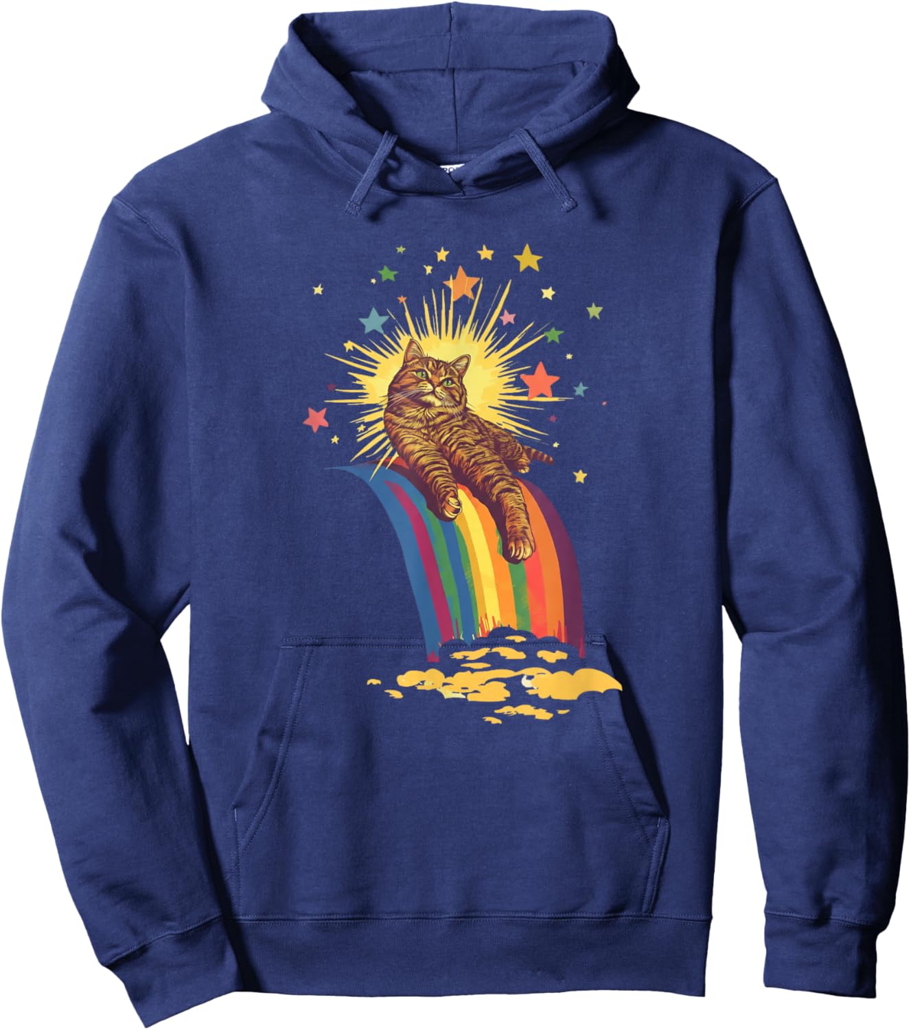 Retro Vintage Relaxed Tabby Cat Lounging On A Rainbow Hoodie - Hoodie | Navy