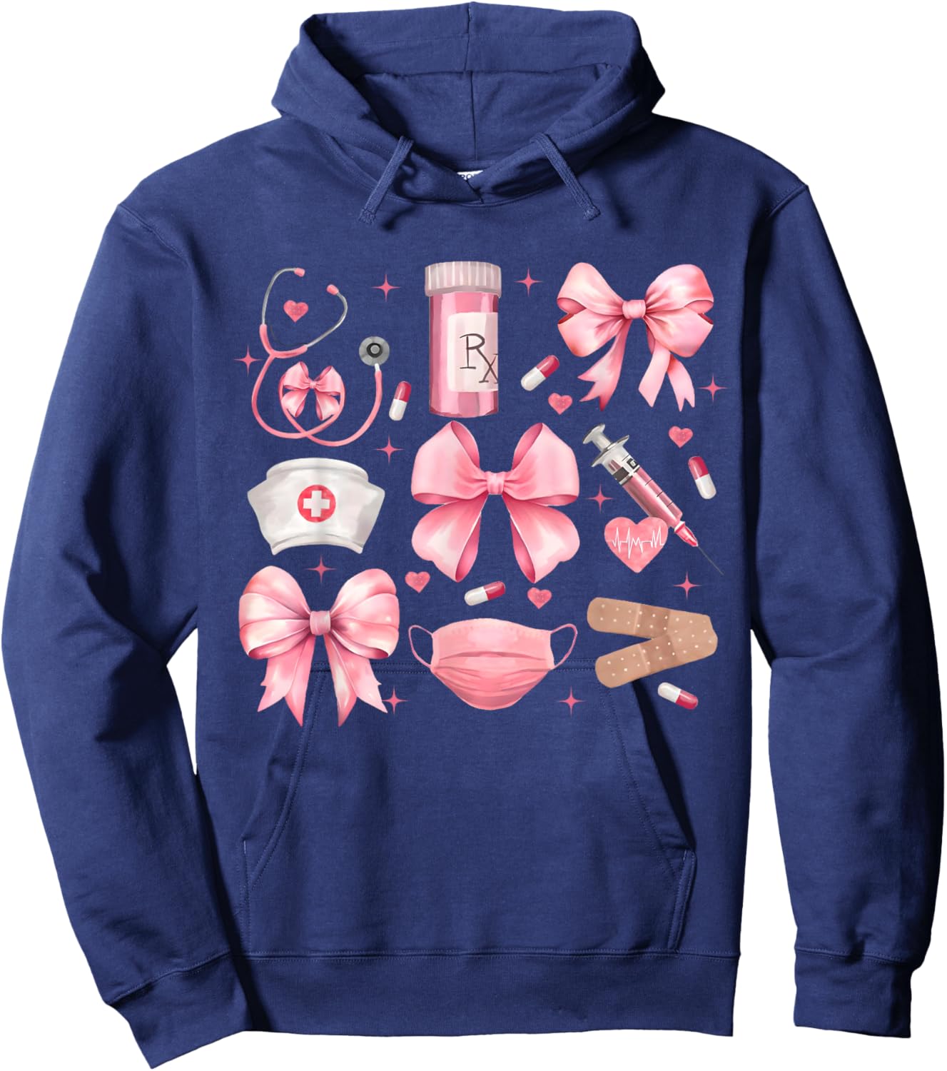 Women Pink Retro Nurse Coquette Pink Bow Girlie Nurse Life Hoodie - Hoodie | Navy