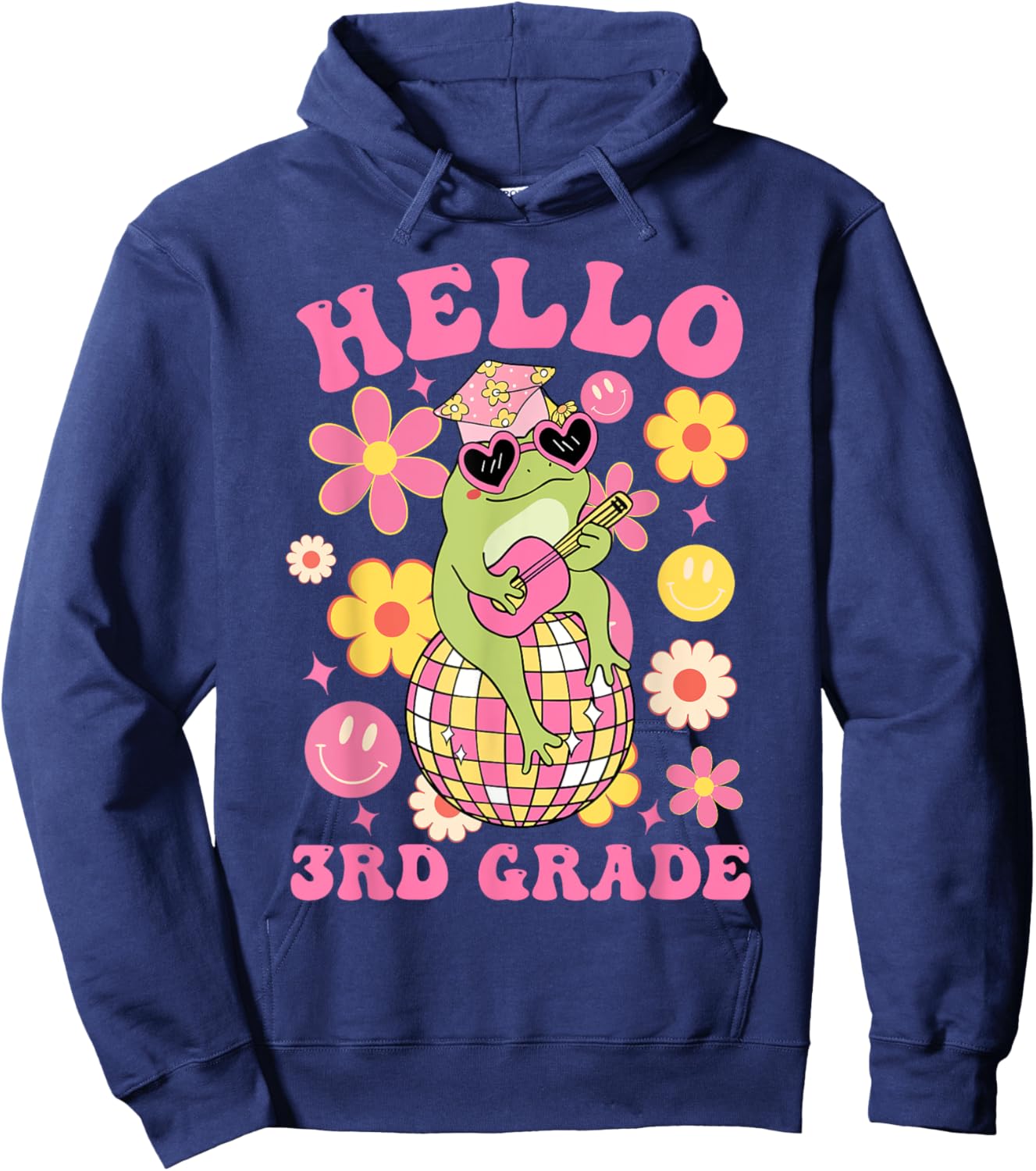 Hello Third 3rd Grade-Back To School Groovy Frog Funny Kids Hoodie - Hoodie | Navy