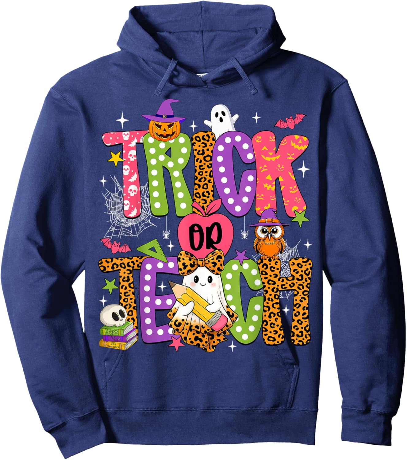 Retro Trick Or Teach Leopard Ghost Halloween Spooky Teacher Hoodie - Hoodie | Navy