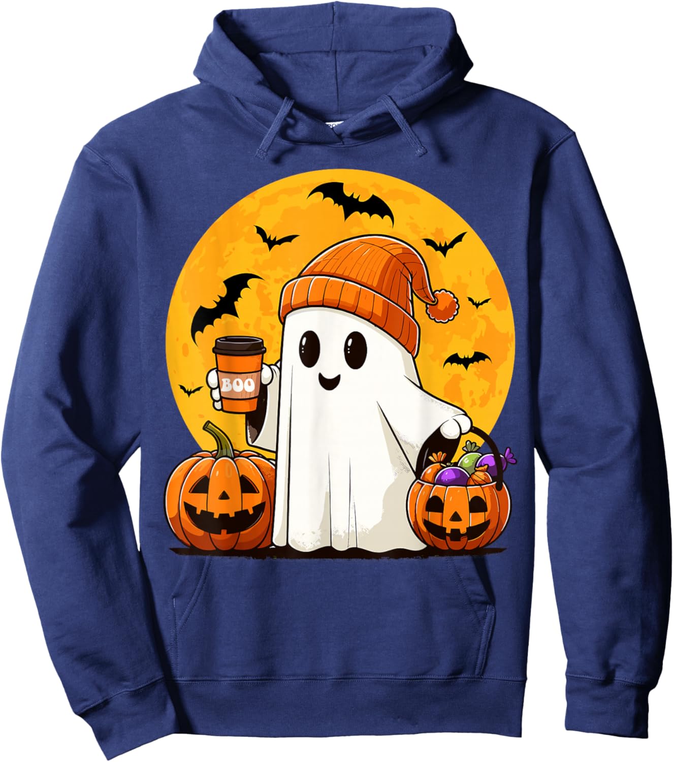 Cute Ghost Drinking Coffee Pumpkin Boo Funny Halloween Ghost Hoodie - Hoodie | Navy