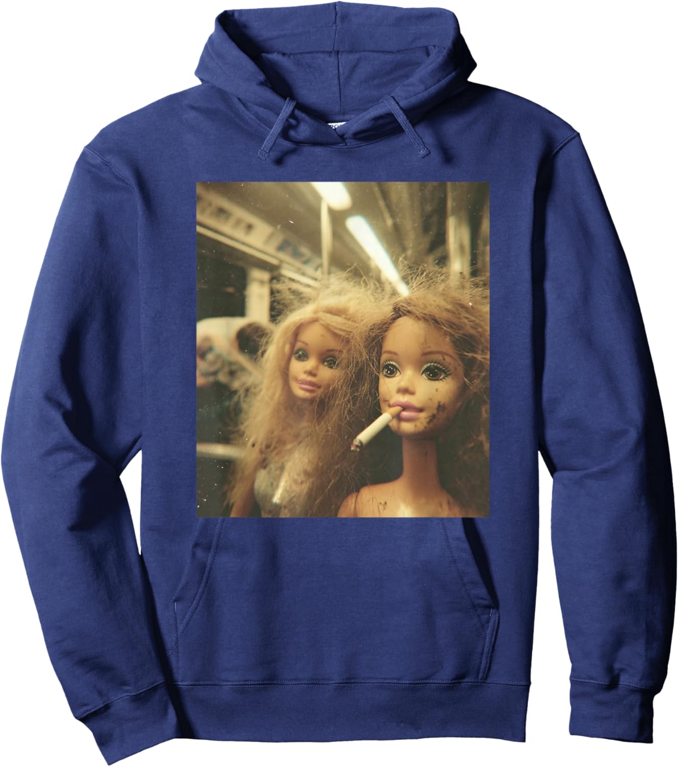 Retro Funny Distressed Doll Smoking Meme Sarcastic Graphic Hoodie - Hoodie | Navy