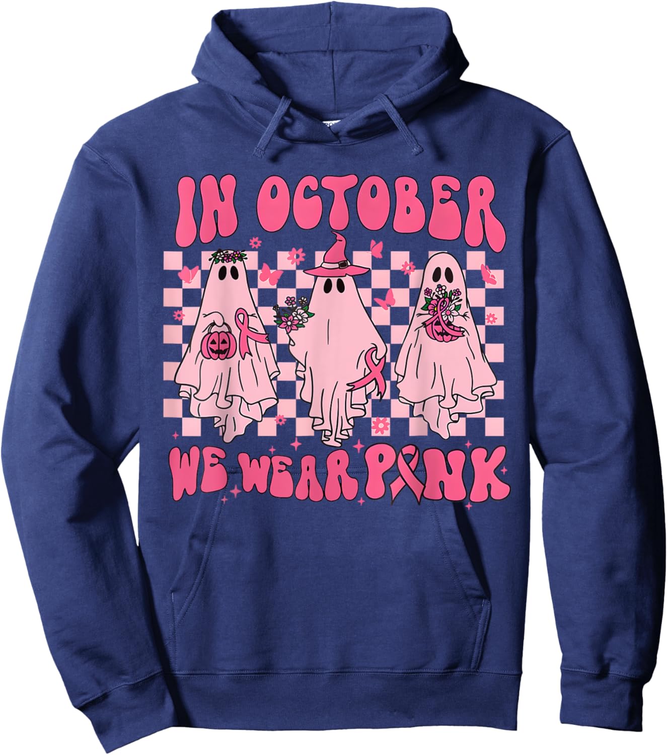 In October We Wear Pink Ghost Groovy Breast Cancer Halloween Hoodie - Hoodie | Navy