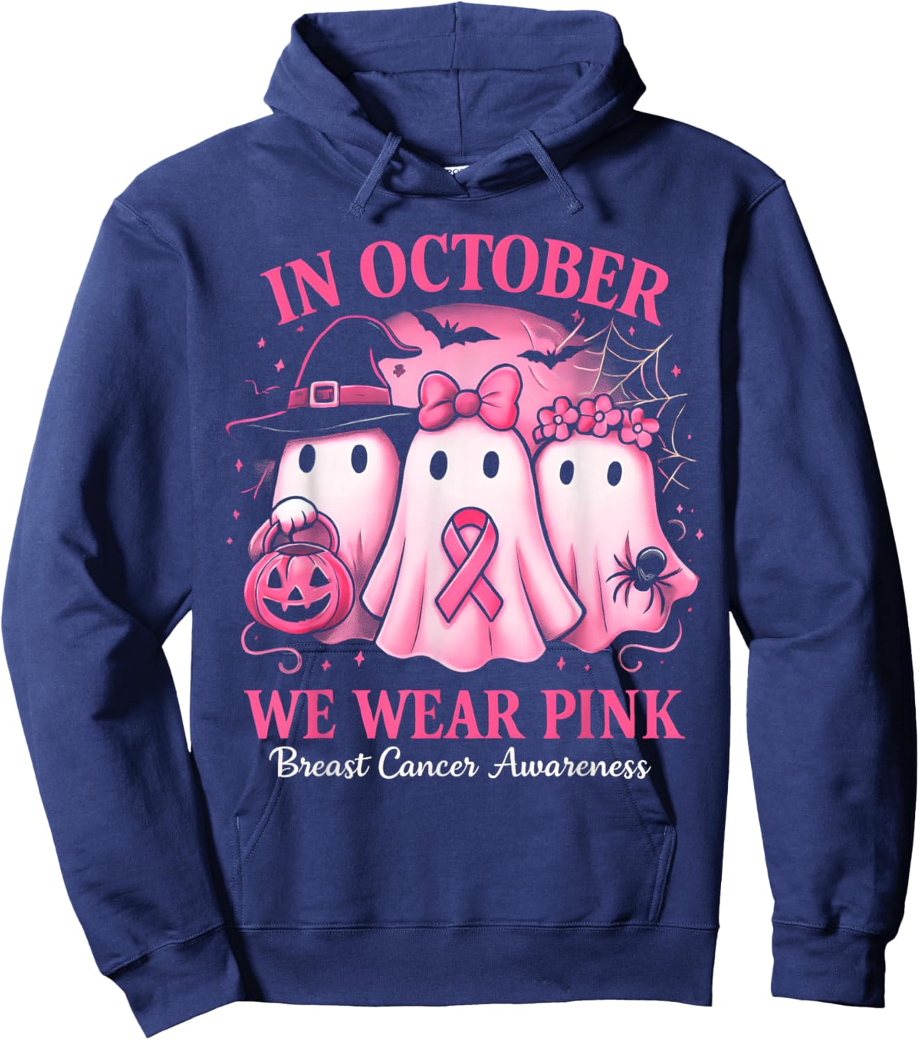 in October We Wear Pink Ghost Halloween Women Breast Cancer Hoodie - Hoodie | Navy