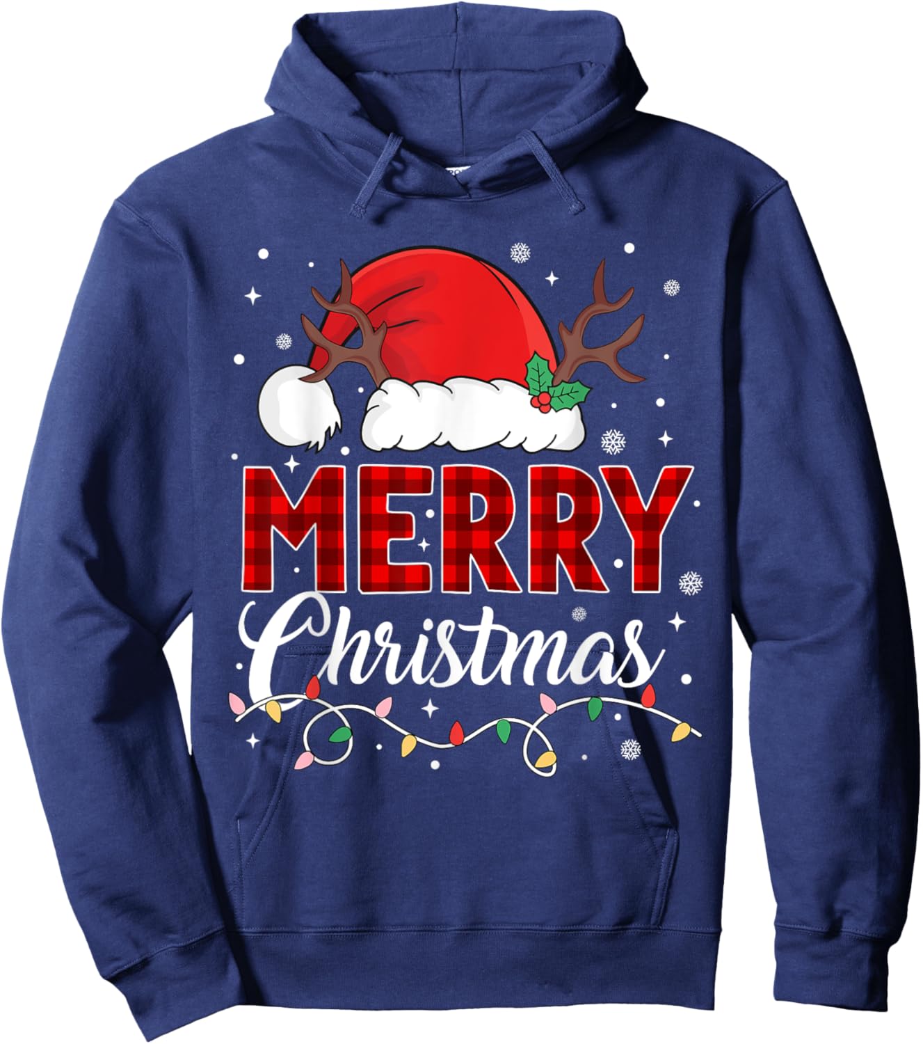 Merry Christmas Lights Red Santa Hat Xmas Family Men Women Hoodie - Hoodie | Navy