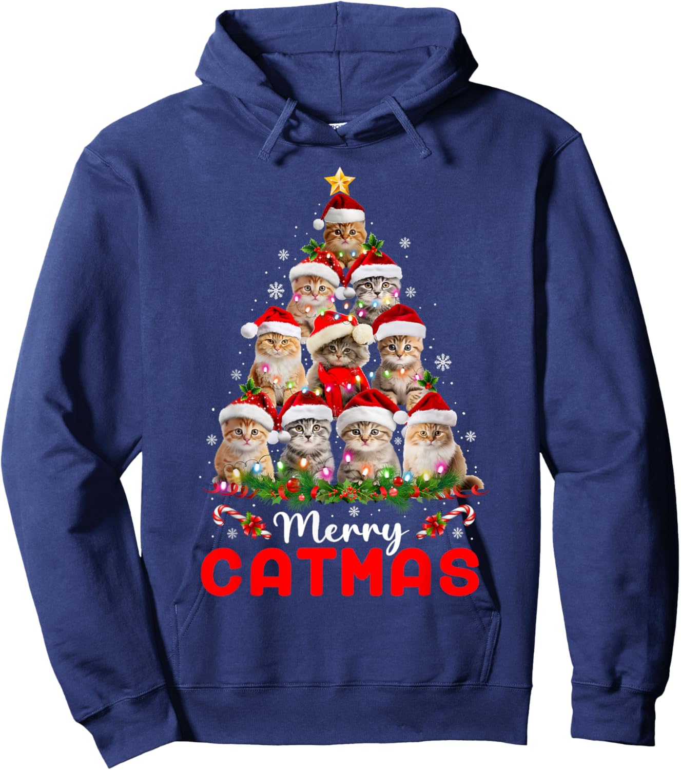 Meowy Catmas Cat Christmas Tree Lights Funny Xmas Pajamas Hoodie - Hoodie | Navy