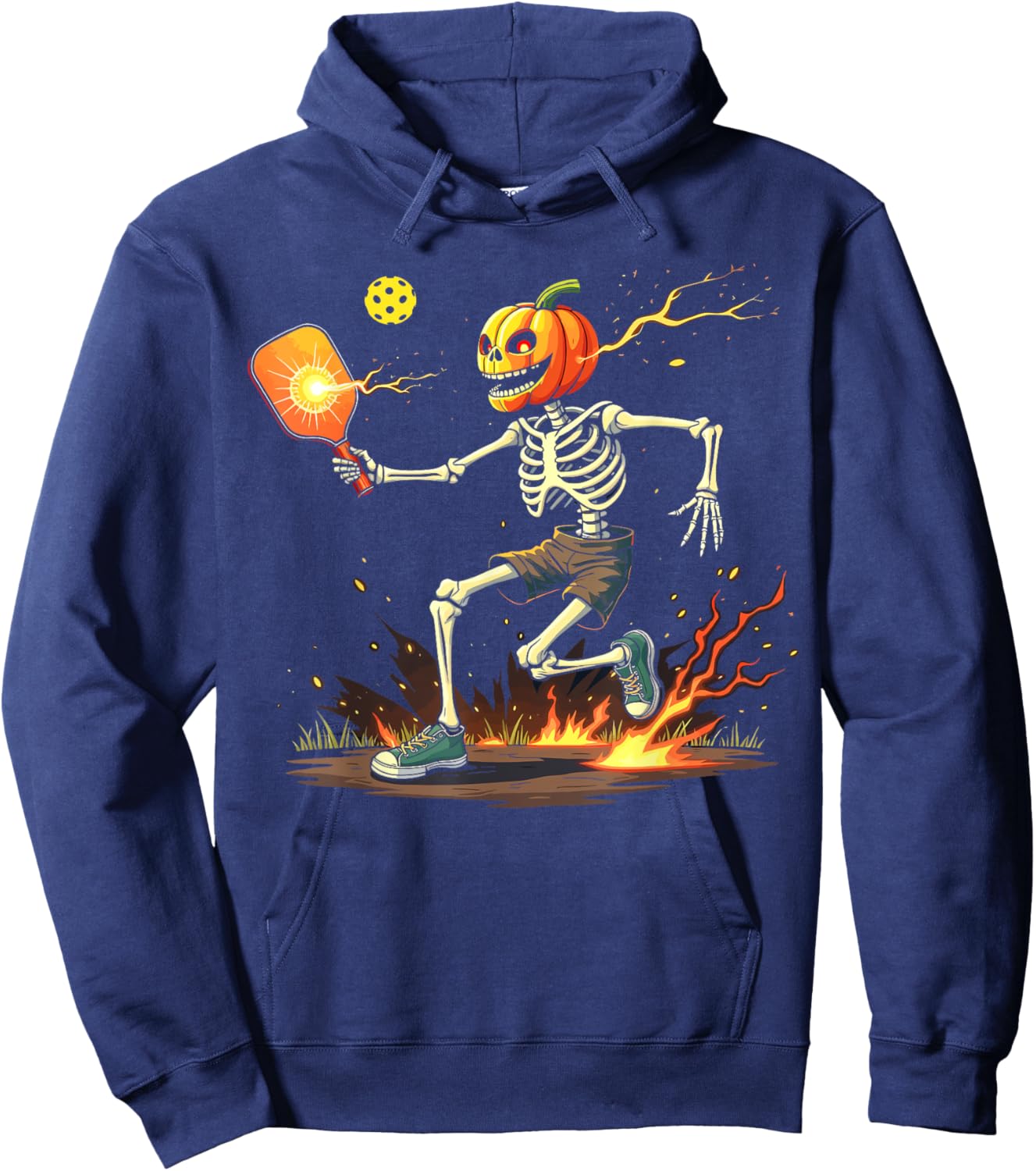 Pumpkin Head Skeleton Pickleball Halloween Spooky Sports Hoodie - Hoodie | Navy