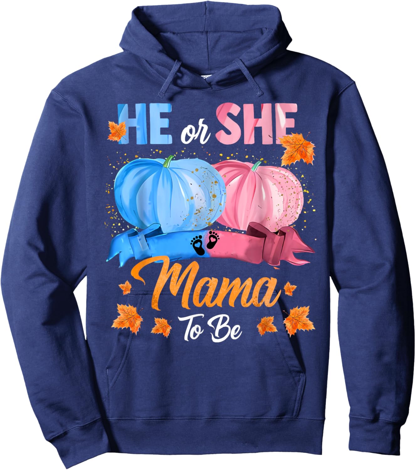 Halloween Pumpkin Gender Reveal He or She Mama To Be Hoodie - Hoodie | Navy
