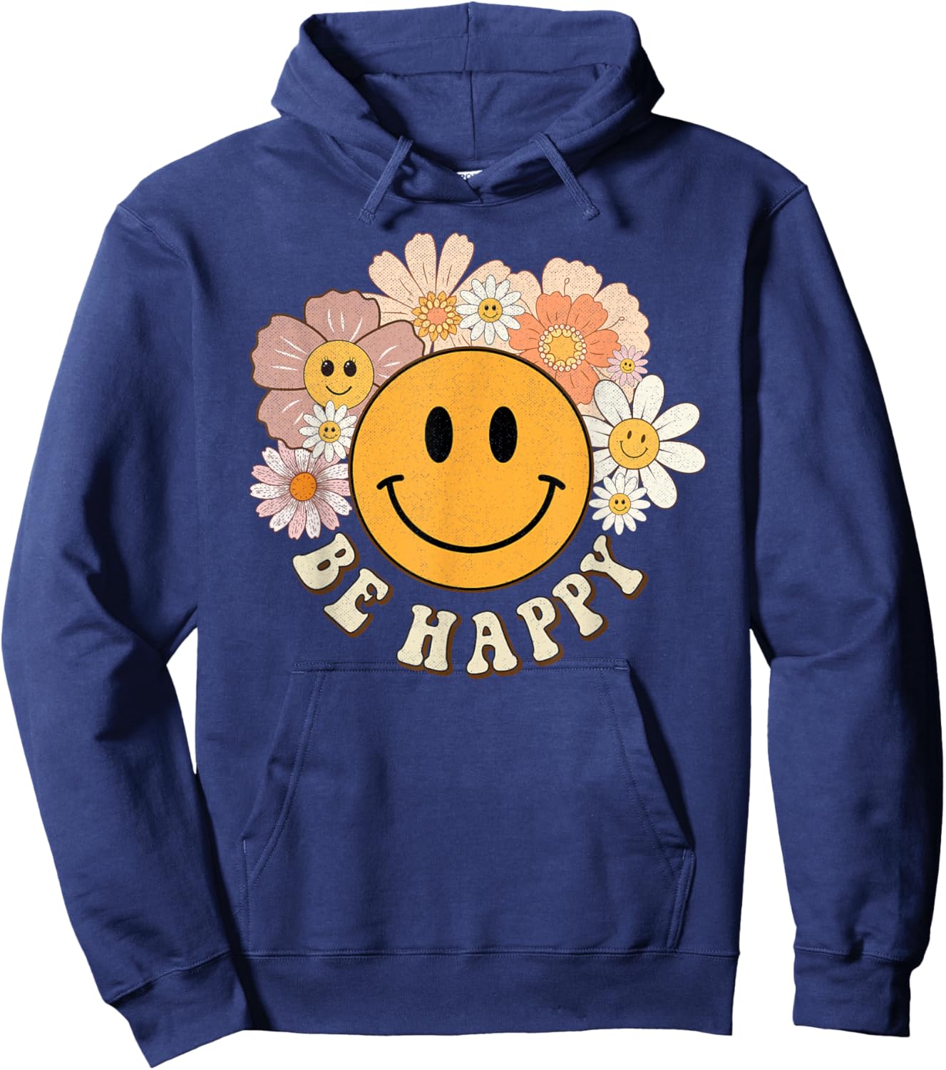 Retro Groovy Be Happy Smile Face Cute Hippie Flowers 70s Hoodie - Hoodie | Navy