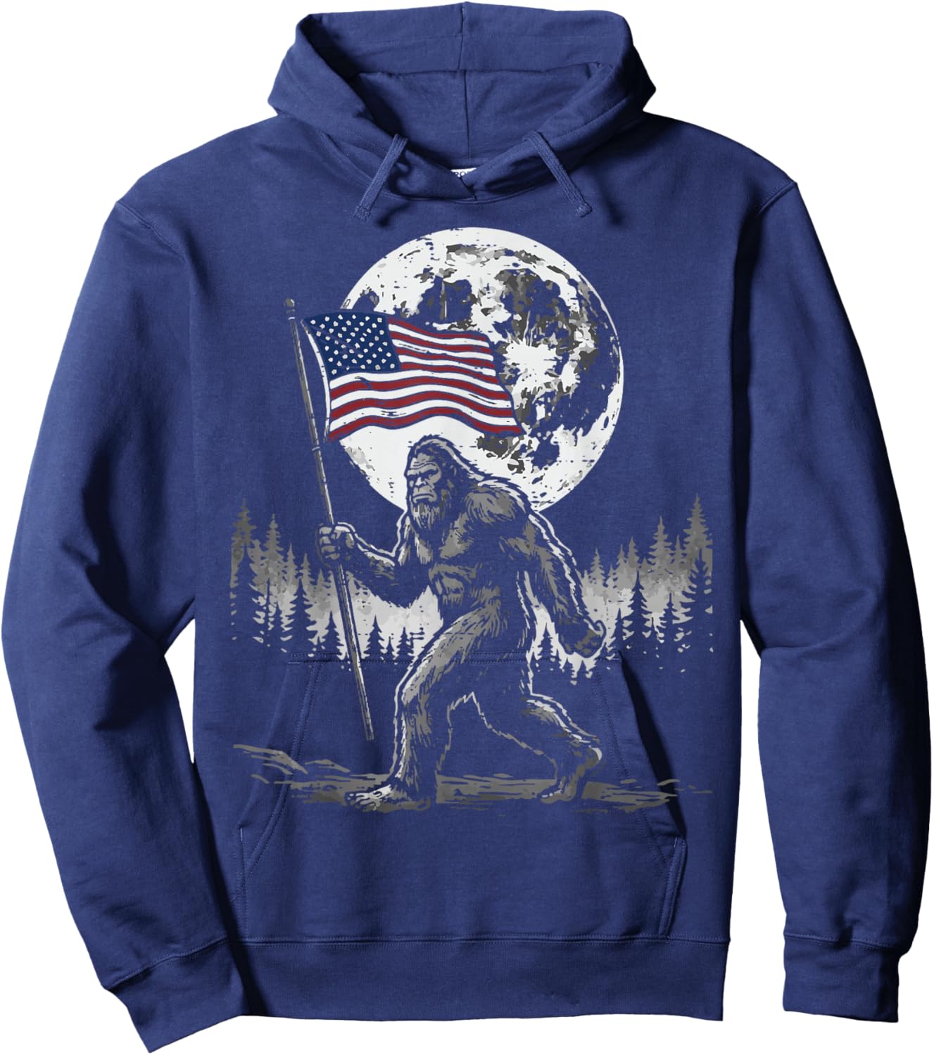 4th of July Bigfoot USA Flag Moon Sasquatch Men Women Kids Hoodie - Hoodie | Navy
