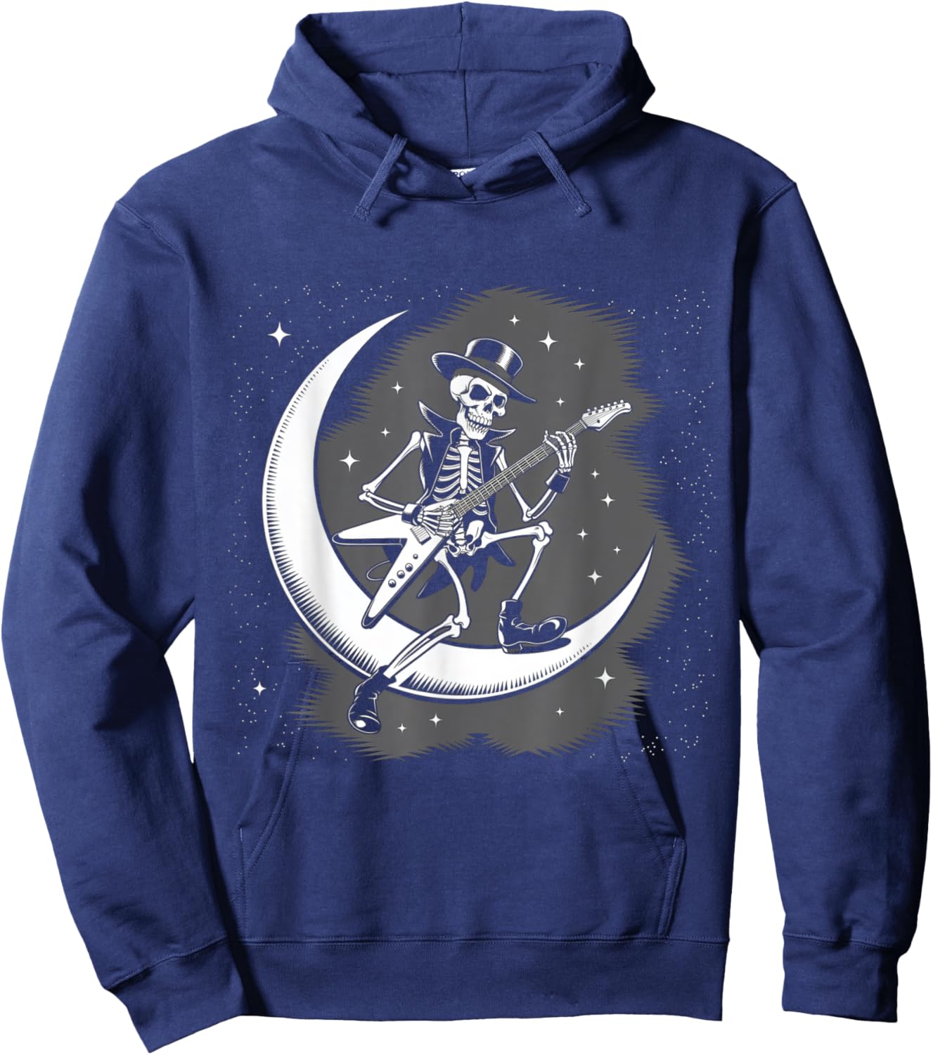 Rock Funny Skeleton Guitar Playing ON Moon Rockband Hoodie - Hoodie | Navy