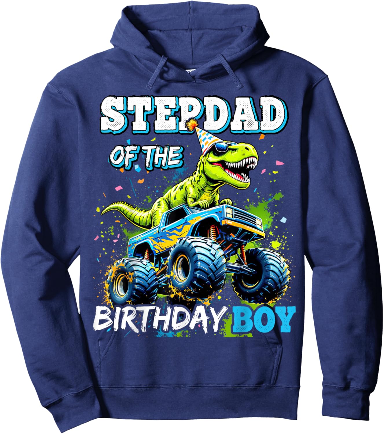 Stepdad of the Birthday Boy Monster Truck Dinosaur Party Hoodie - Hoodie | Navy