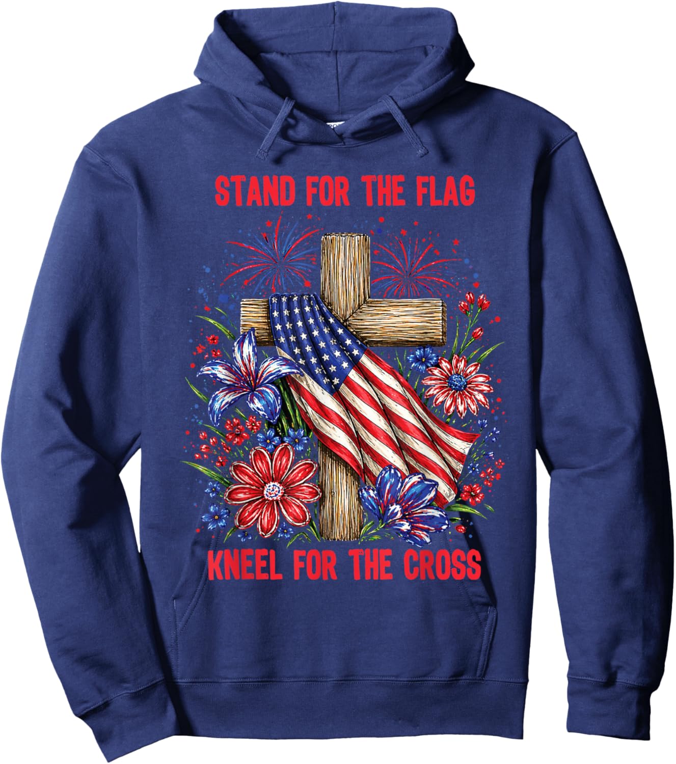 Christian Floral Kneel for Cross Stand America Flag Faith Hoodie - Hoodie | Navy