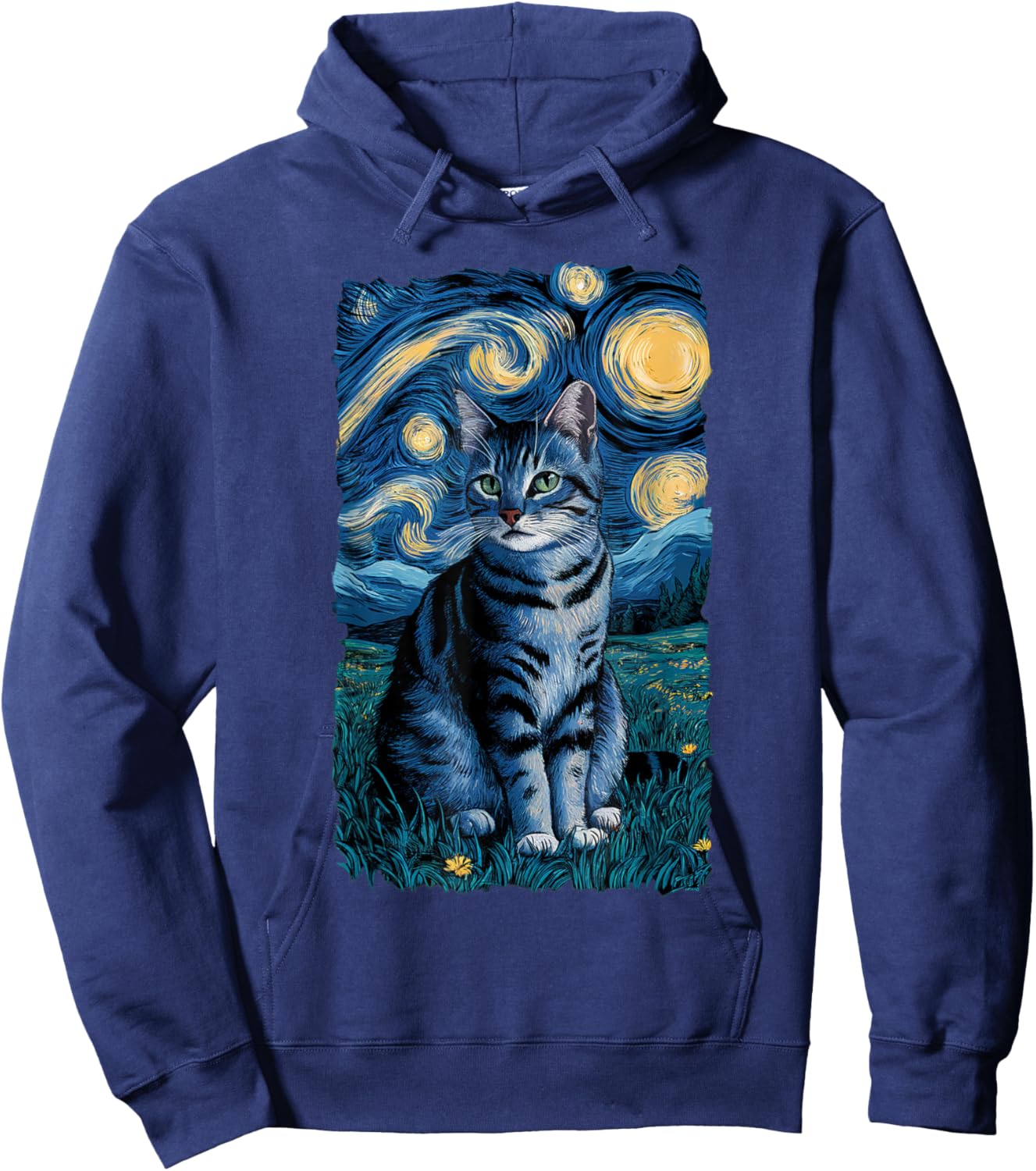 Van Gogh Cat Gifts Tabby Cat Owners Cat Lady Black Men Cat Hoodie - Hoodie | Navy