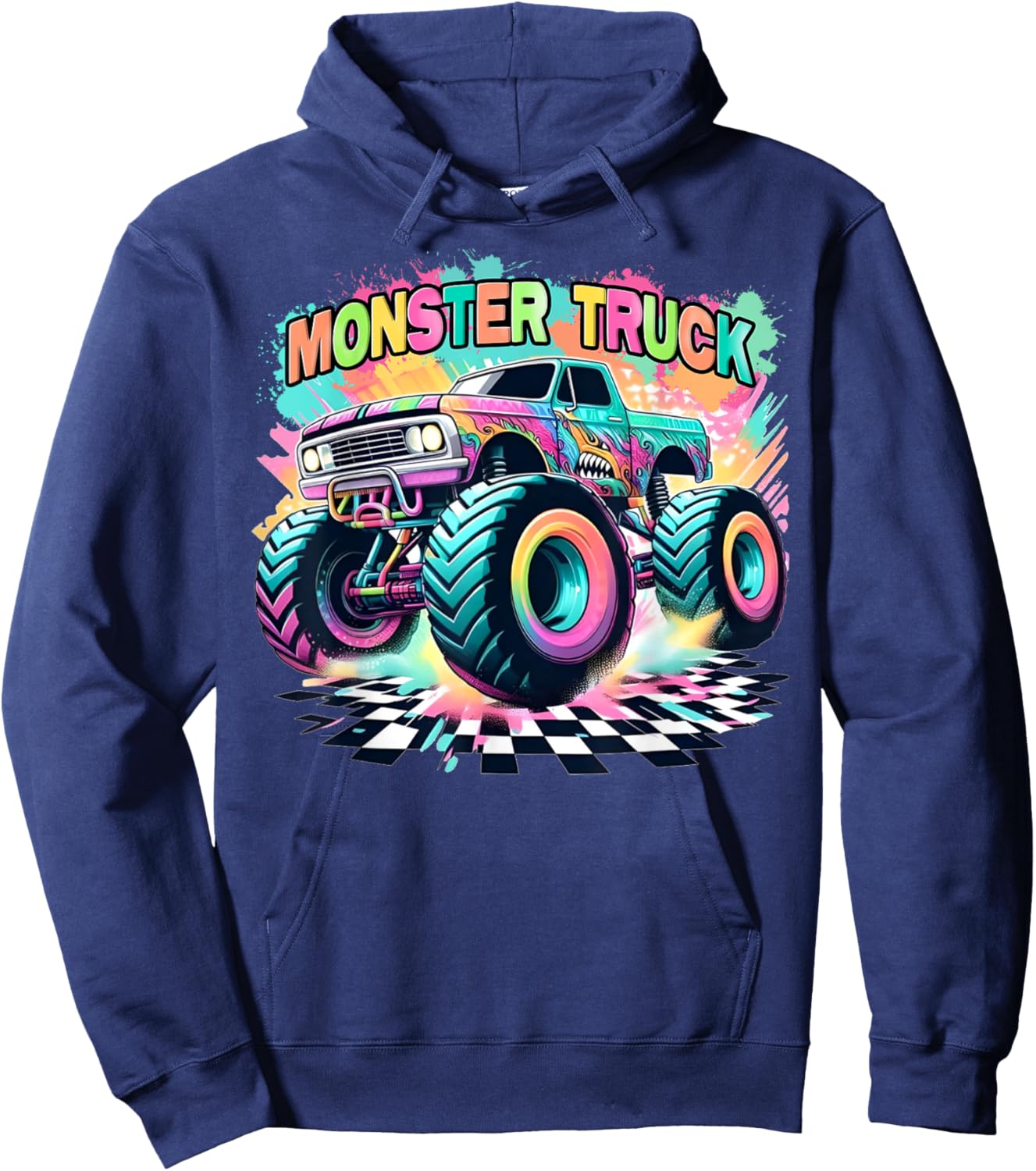 Monster Truck Colorful Birthday Party Retro Trucks Car Lover Hoodie - Hoodie | Navy